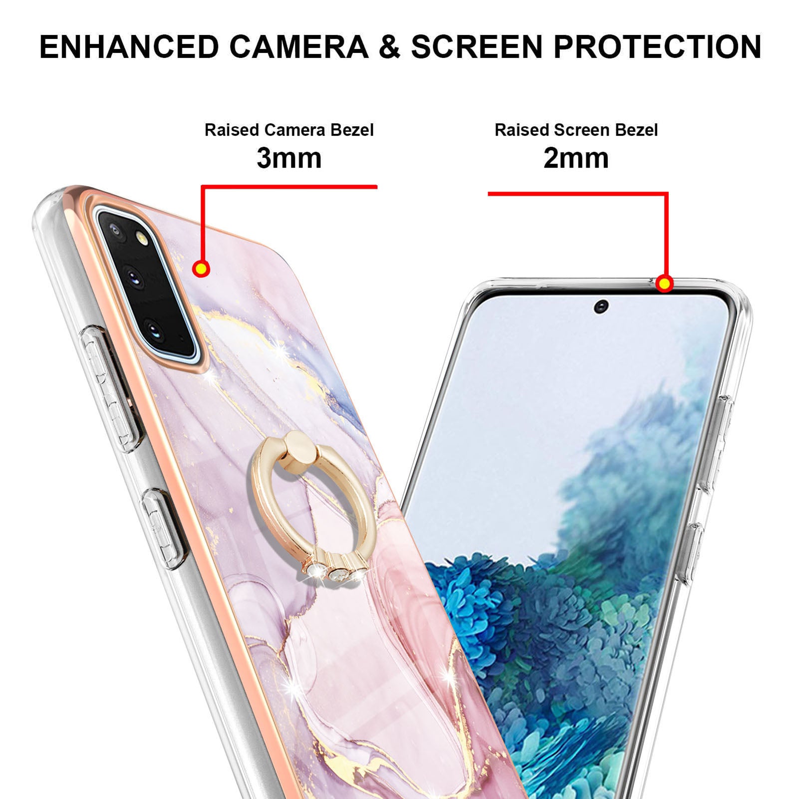 Anti-Drop Flexible TPU Cover Electroplating Frame IMD Marble Pattern IML Phone Case with Rotary Ring Kickstand for Samsung Galaxy S20 4G/S20 5G - Rose Gold 005