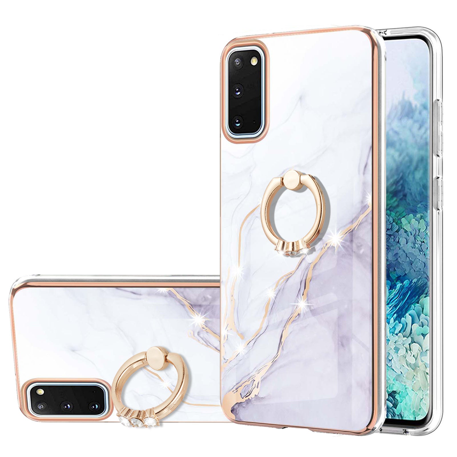 Anti-Drop Flexible TPU Cover Electroplating Frame IMD Marble Pattern IML Phone Case with Rotary Ring Kickstand for Samsung Galaxy S20 4G/S20 5G - White 006