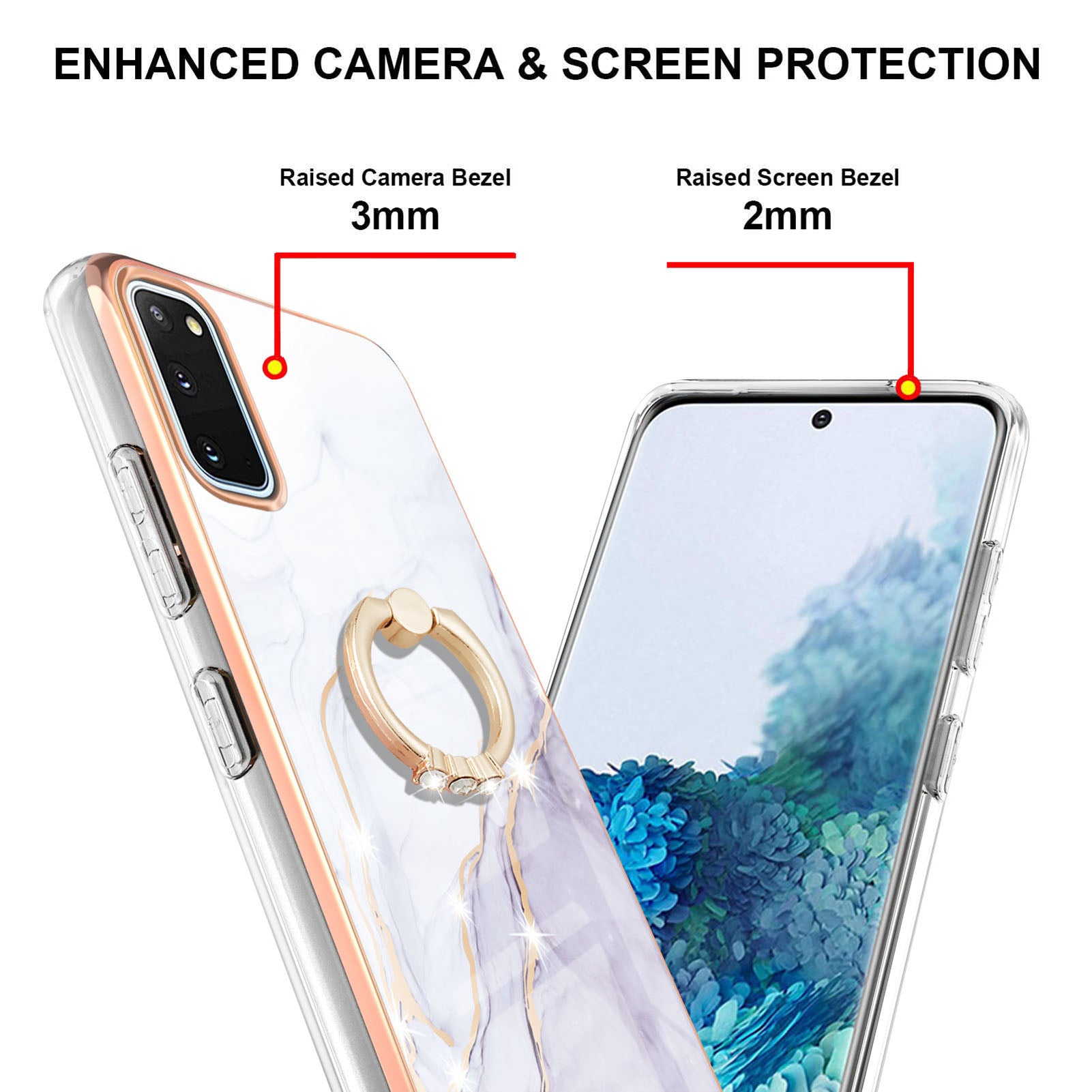 Anti-Drop Flexible TPU Cover Electroplating Frame IMD Marble Pattern IML Phone Case with Rotary Ring Kickstand for Samsung Galaxy S20 4G/S20 5G - White 006