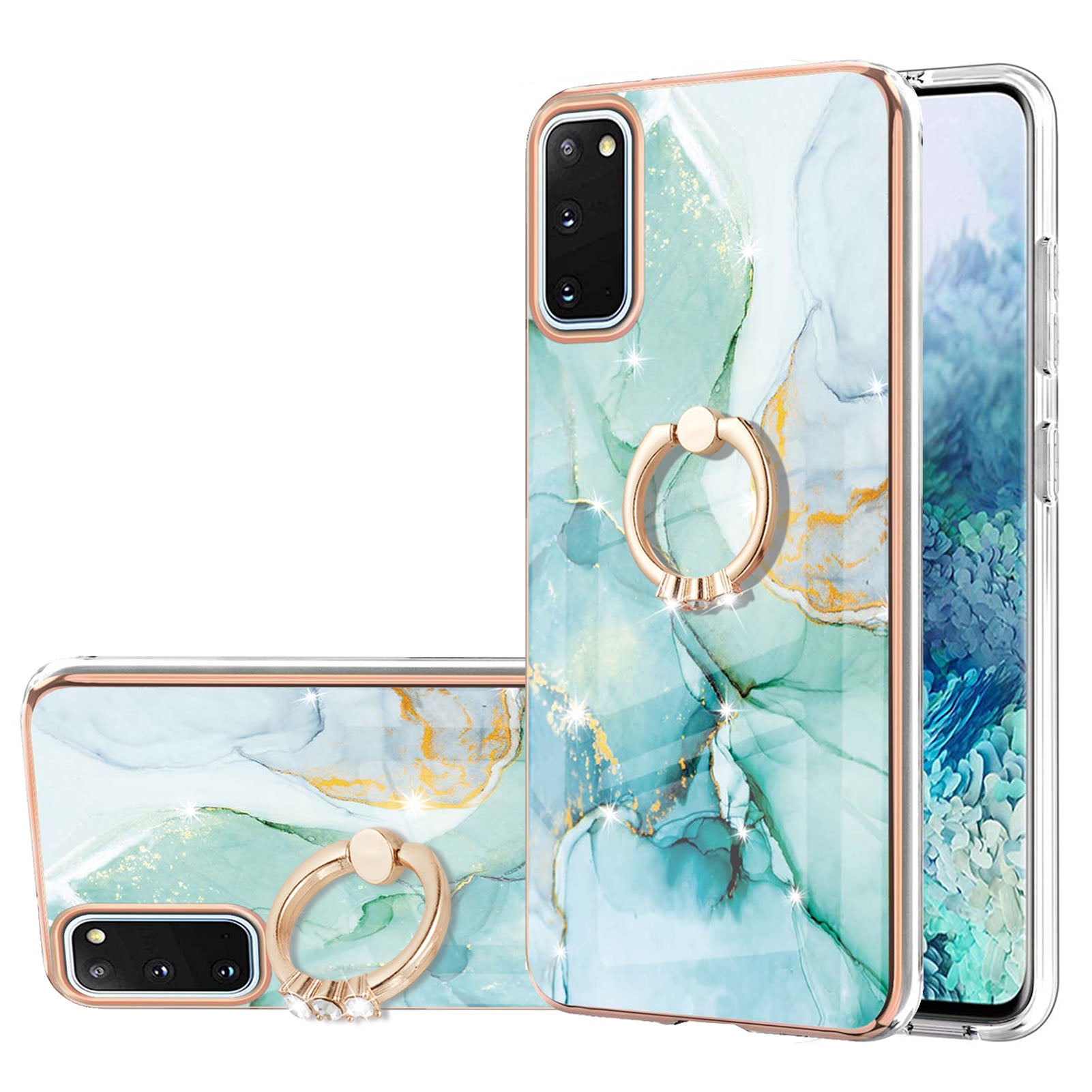 Anti-Drop Flexible TPU Cover Electroplating Frame IMD Marble Pattern IML Phone Case with Rotary Ring Kickstand for Samsung Galaxy S20 4G/S20 5G - Green 003