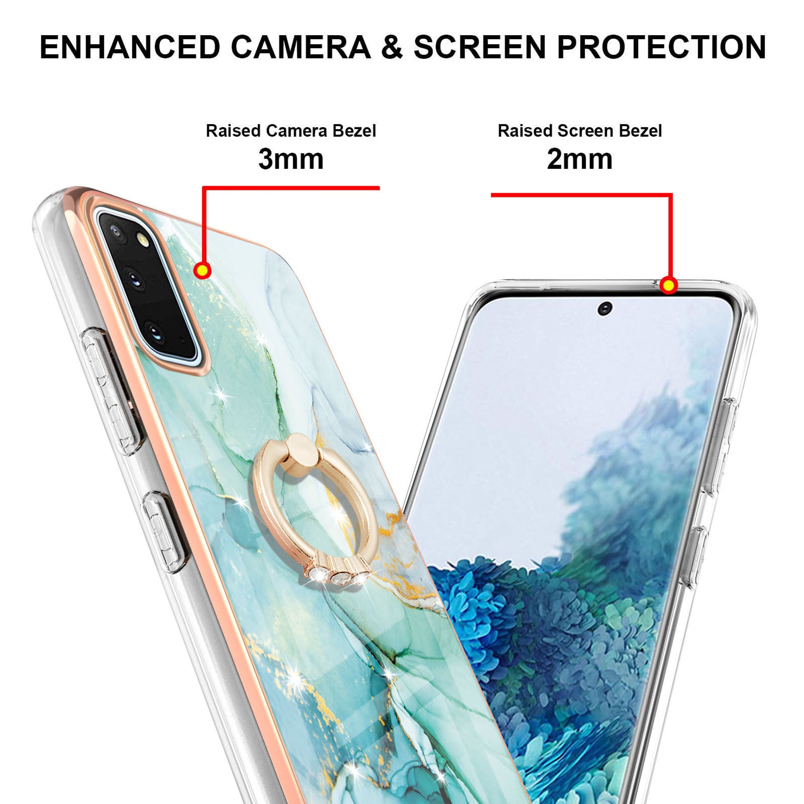 Anti-Drop Flexible TPU Cover Electroplating Frame IMD Marble Pattern IML Phone Case with Rotary Ring Kickstand for Samsung Galaxy S20 4G/S20 5G - Green 003