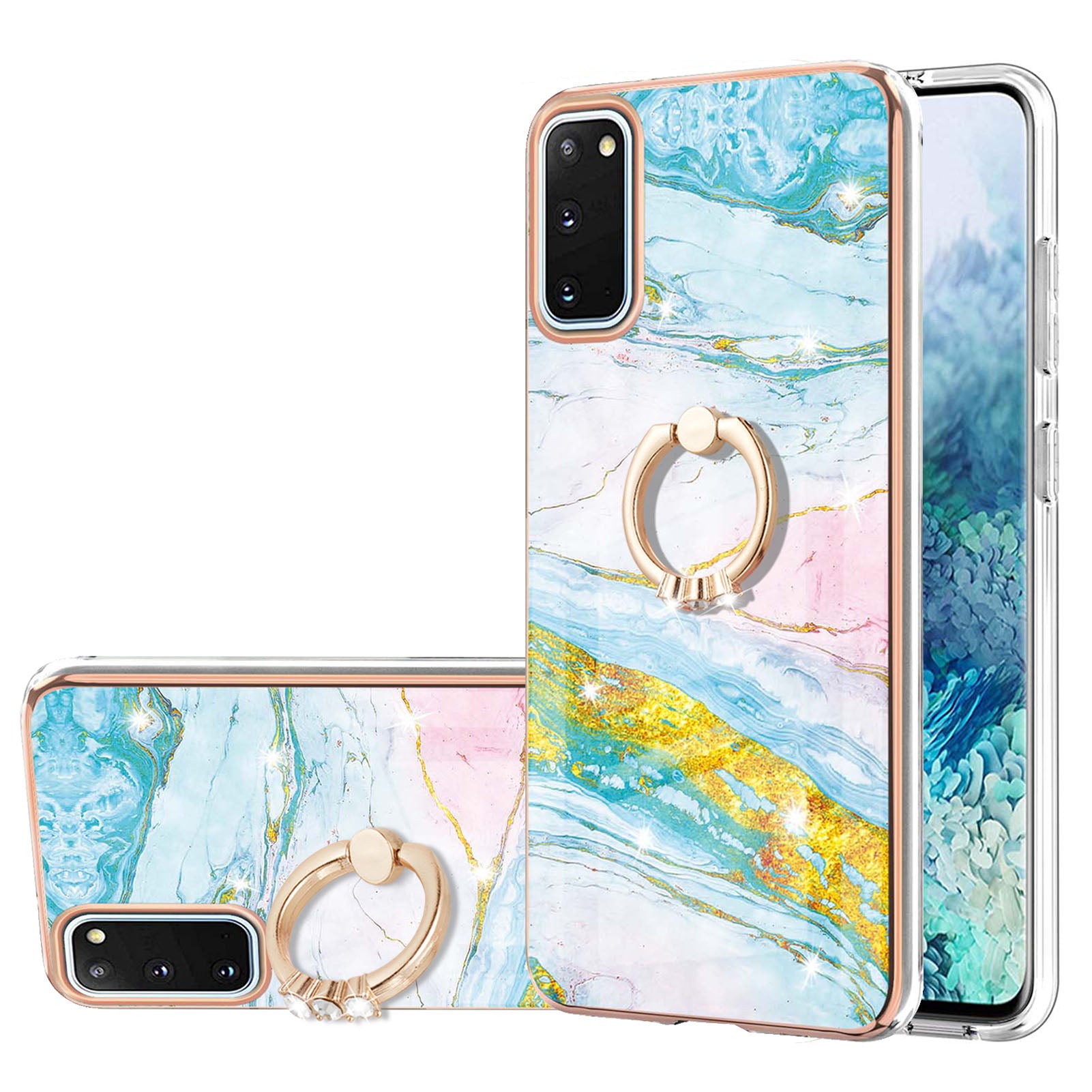 Anti-Drop Flexible TPU Cover Electroplating Frame IMD Marble Pattern IML Phone Case with Rotary Ring Kickstand for Samsung Galaxy S20 4G/S20 5G - Green 004