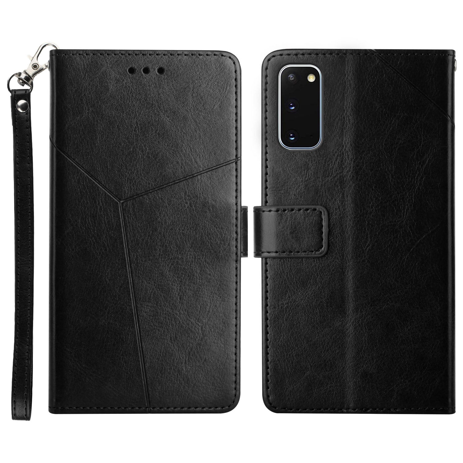 Imprinting Y-shaped Line Shockproof PU Leather Wallet Phone Case Cover with Lanyard for Samsung Galaxy S20 4G/S20 5G - Black