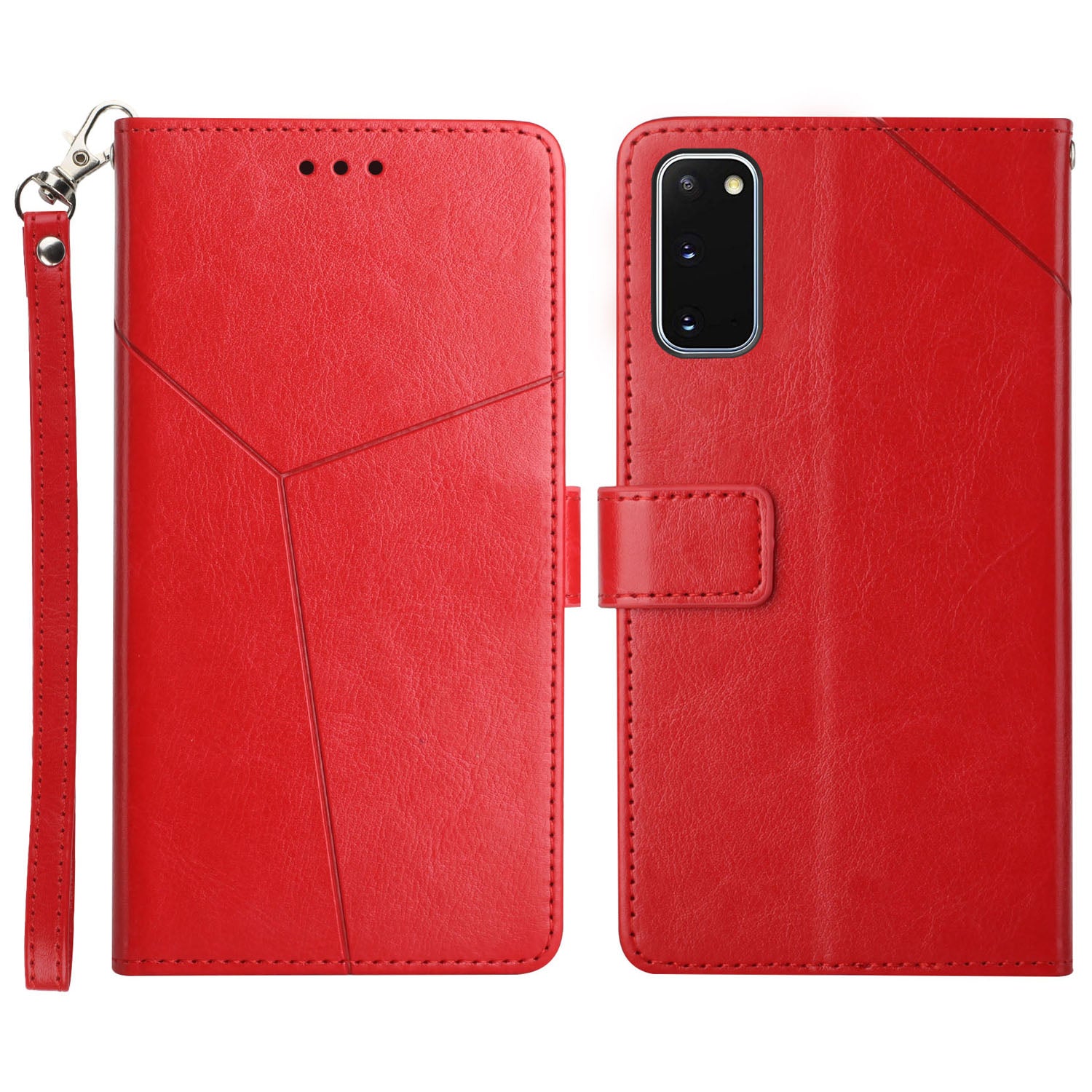 Imprinting Y-shaped Line Shockproof PU Leather Wallet Phone Case Cover with Lanyard for Samsung Galaxy S20 4G/S20 5G - Red