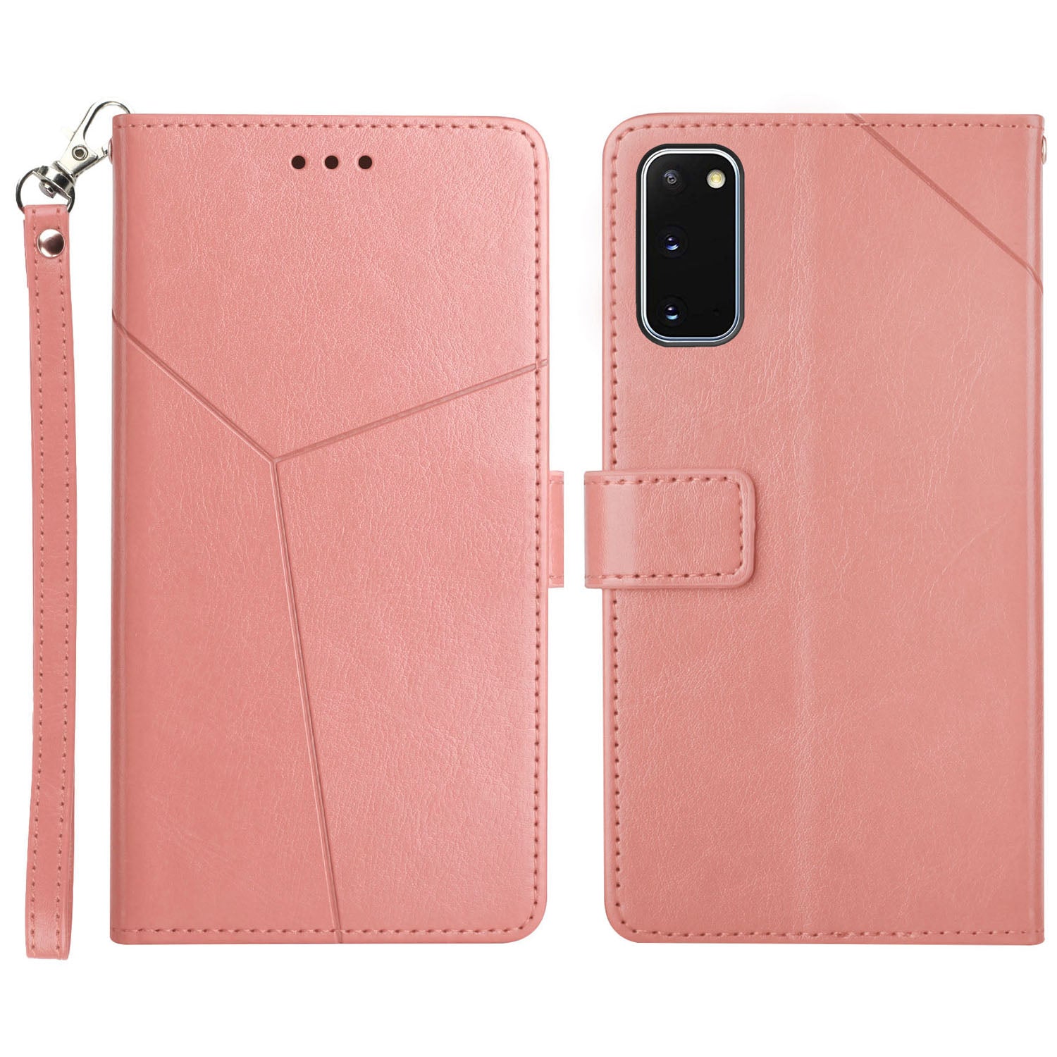 Imprinting Y-shaped Line Shockproof PU Leather Wallet Phone Case Cover with Lanyard for Samsung Galaxy S20 4G/S20 5G - Pink