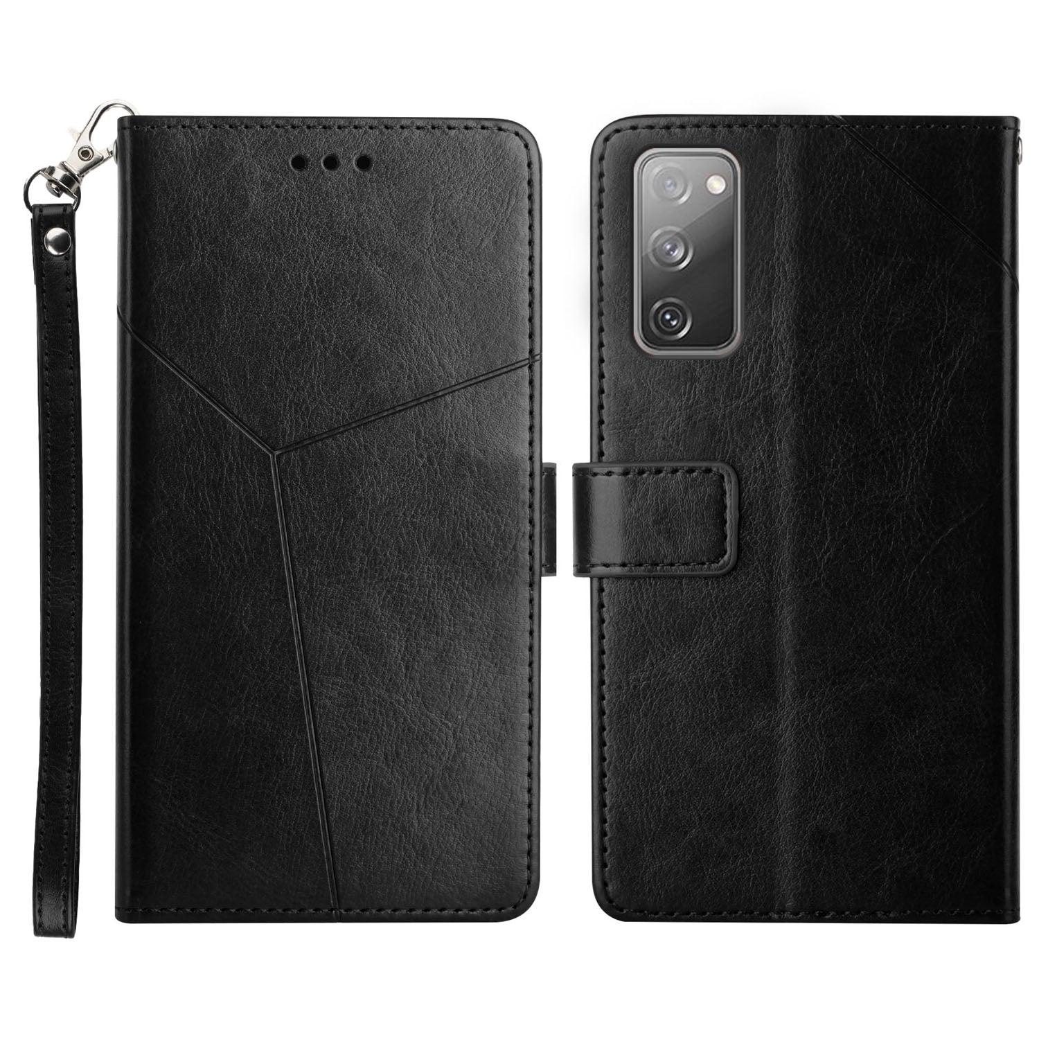 Drop-resistant Imprinting Y-shaped Line Wallet Stand Leather Protective Phone Shell Cover for Samsung Galaxy S20 FE/S20 FE 5G/S20 Lite/S20 FE 2022 - Black