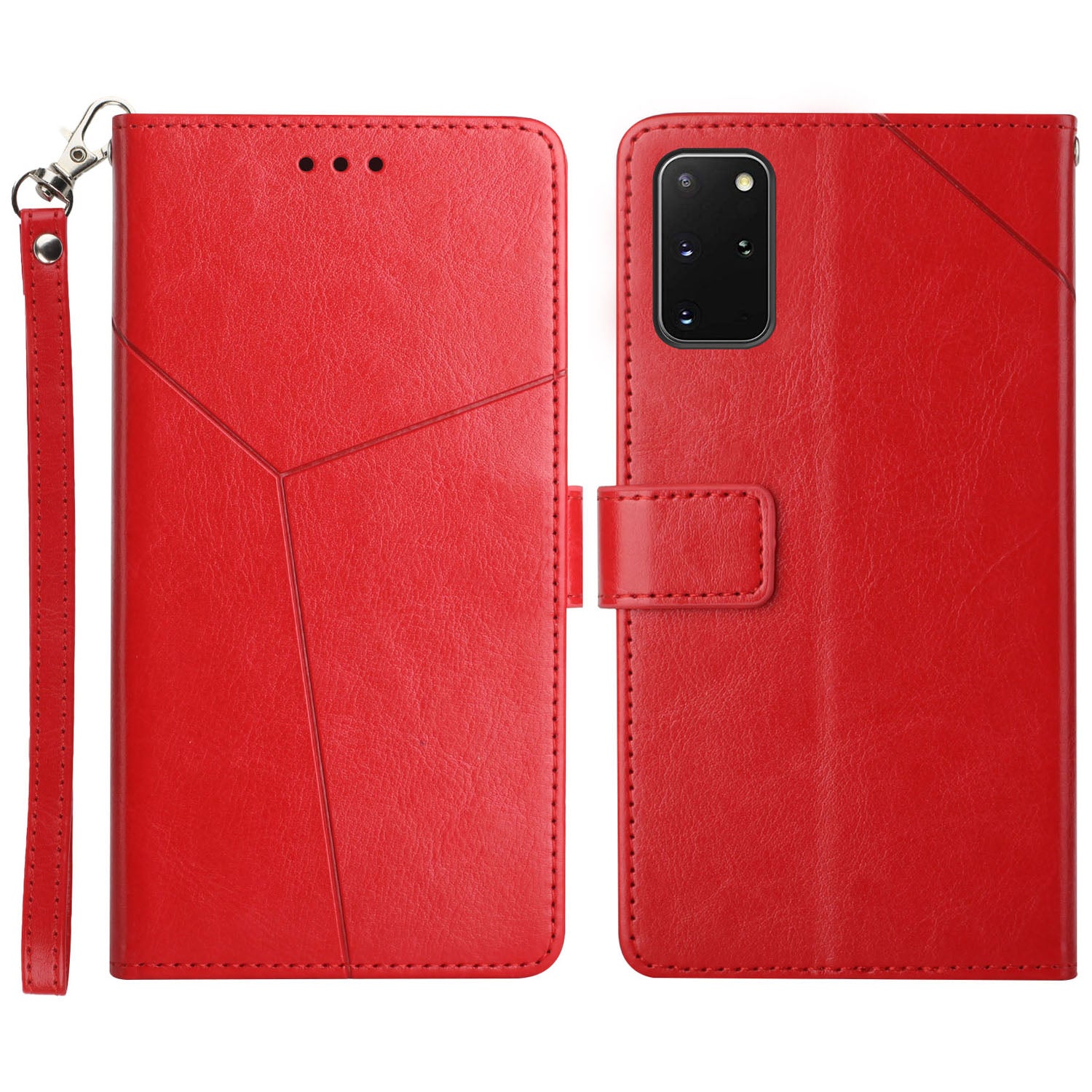 Y-shaped Line Imprinting Shock-absorbed PU Leather Phone Wallet Shell Stand Cover for Samsung Galaxy S20 Plus 4G/5G - Red