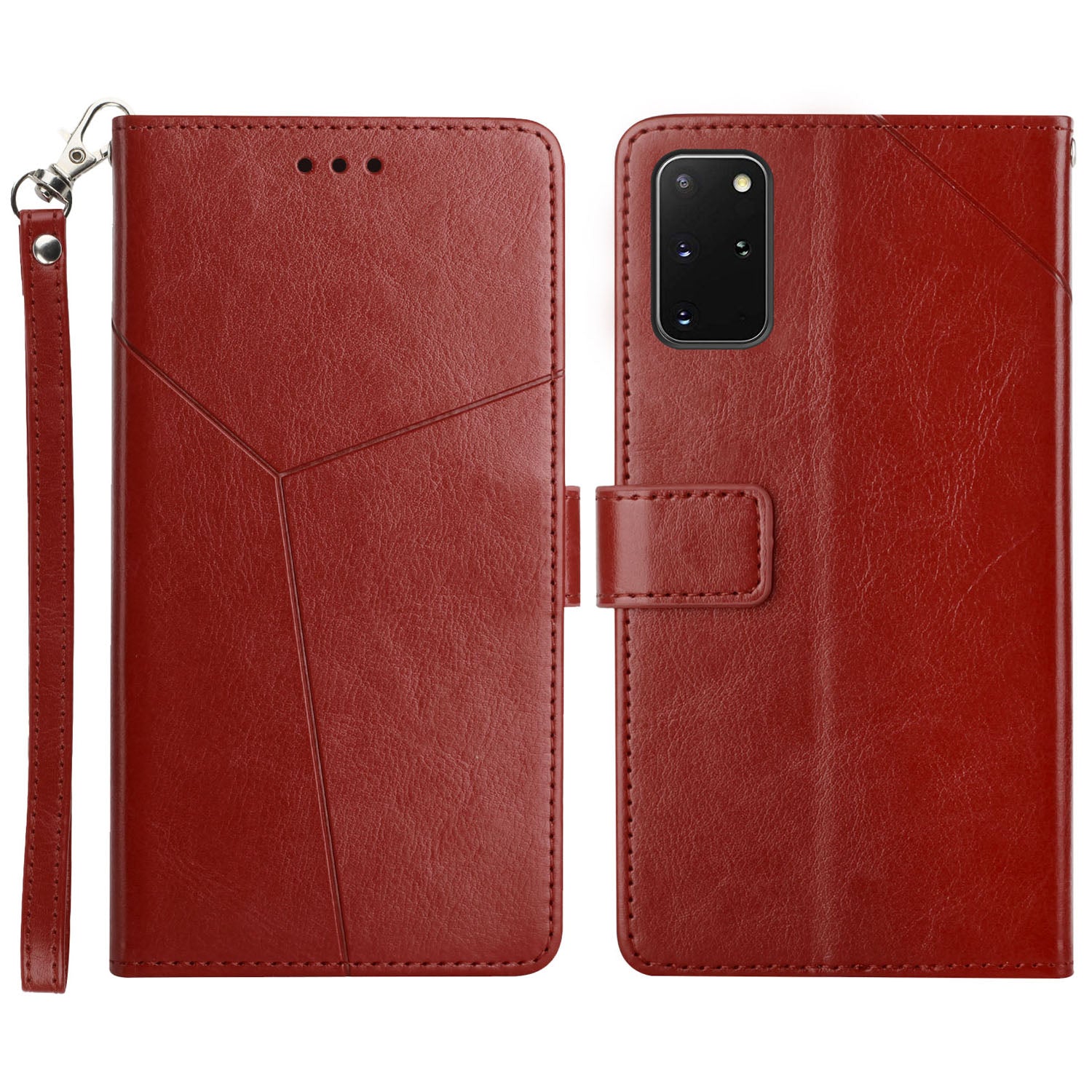 Y-shaped Line Imprinting Shock-absorbed PU Leather Phone Wallet Shell Stand Cover for Samsung Galaxy S20 Plus 4G/5G - Wine Red