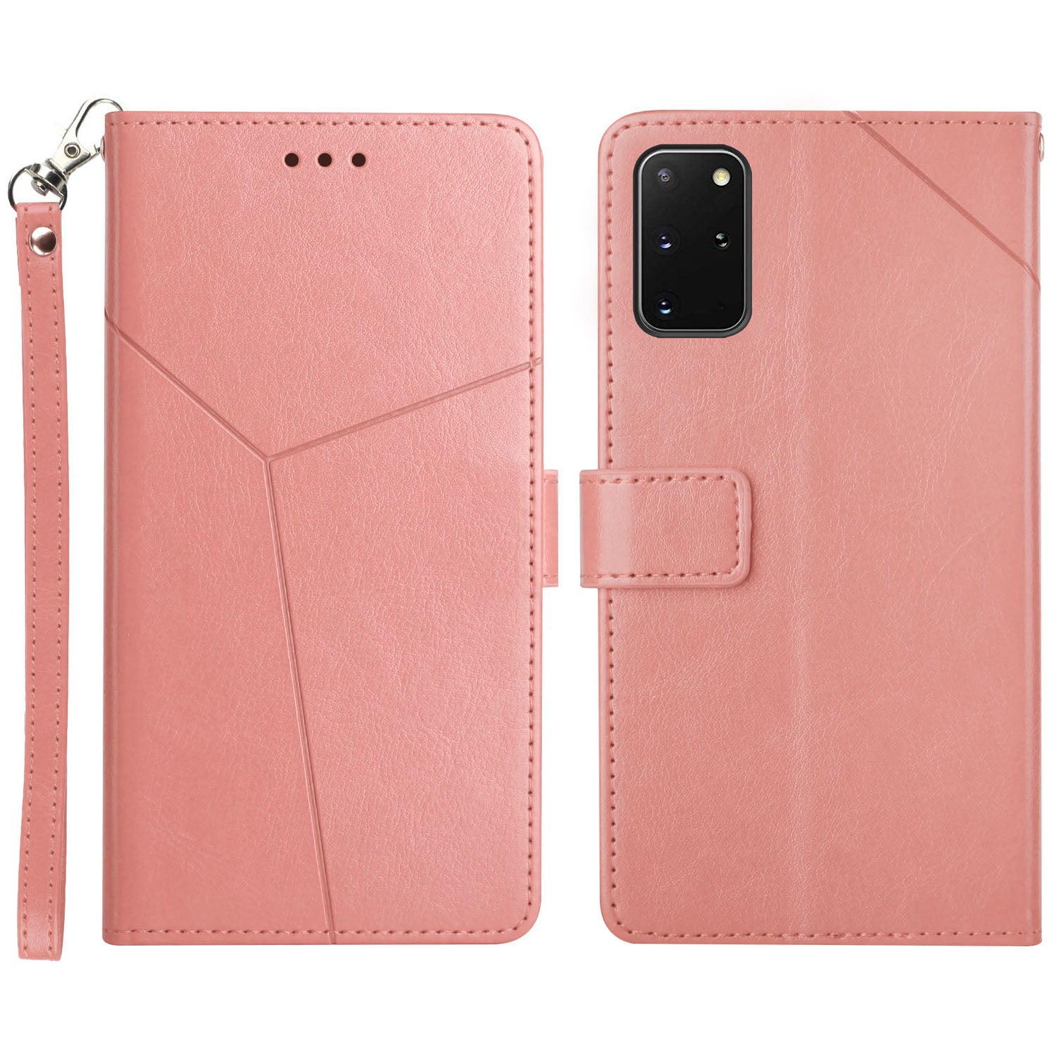 Y-shaped Line Imprinting Shock-absorbed PU Leather Phone Wallet Shell Stand Cover for Samsung Galaxy S20 Plus 4G/5G - Pink