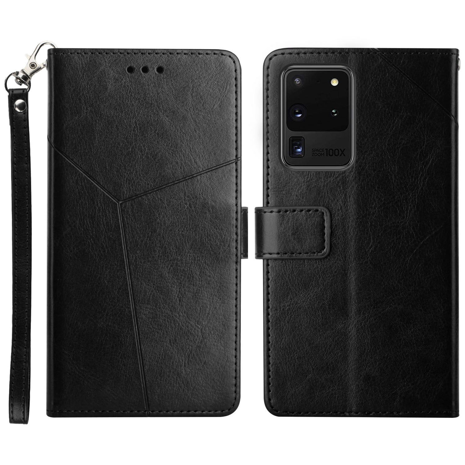 Imprinting Y-shaped Line Leather Wallet Stand Phone Cover with Wrist Strap for Samsung Galaxy S20 Ultra - Black