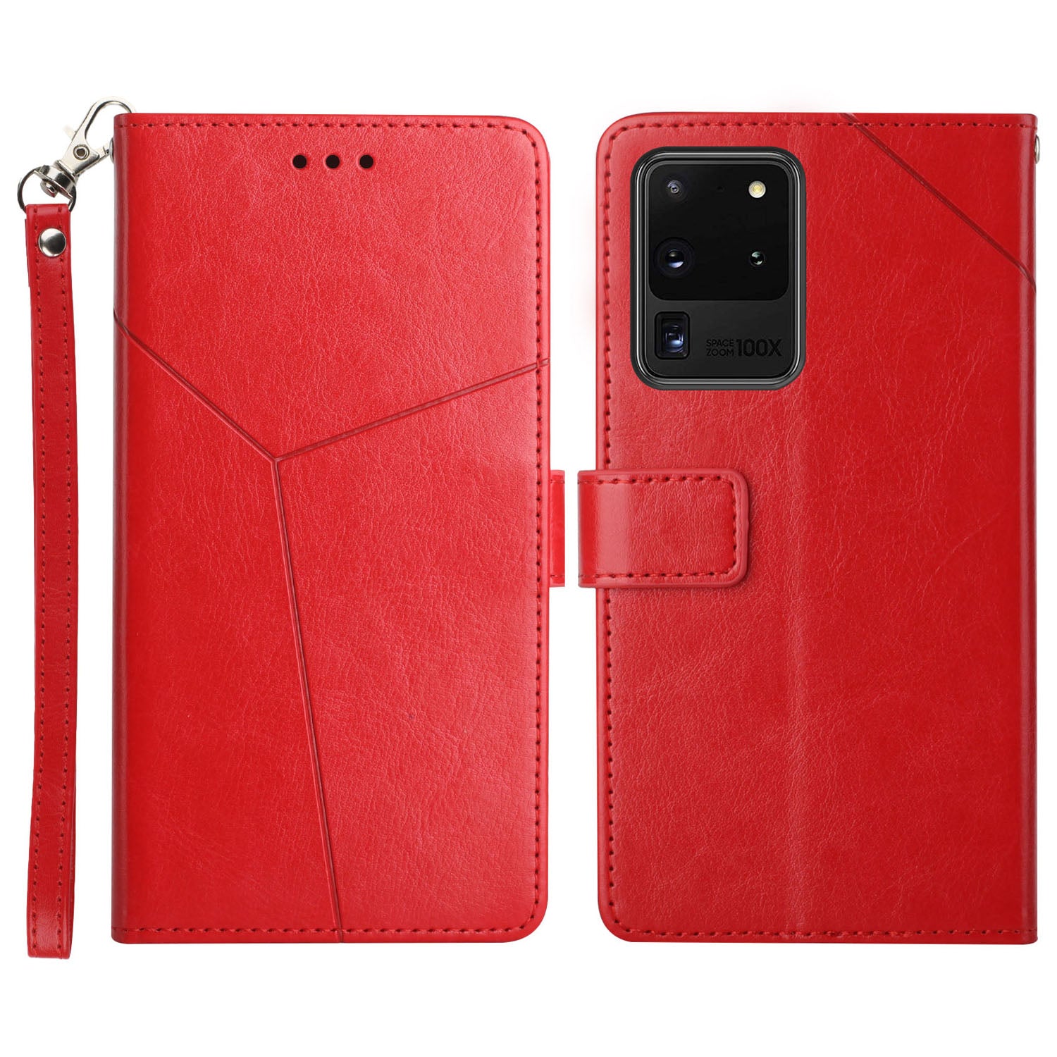 Imprinting Y-shaped Line Leather Wallet Stand Phone Cover with Wrist Strap for Samsung Galaxy S20 Ultra - Red