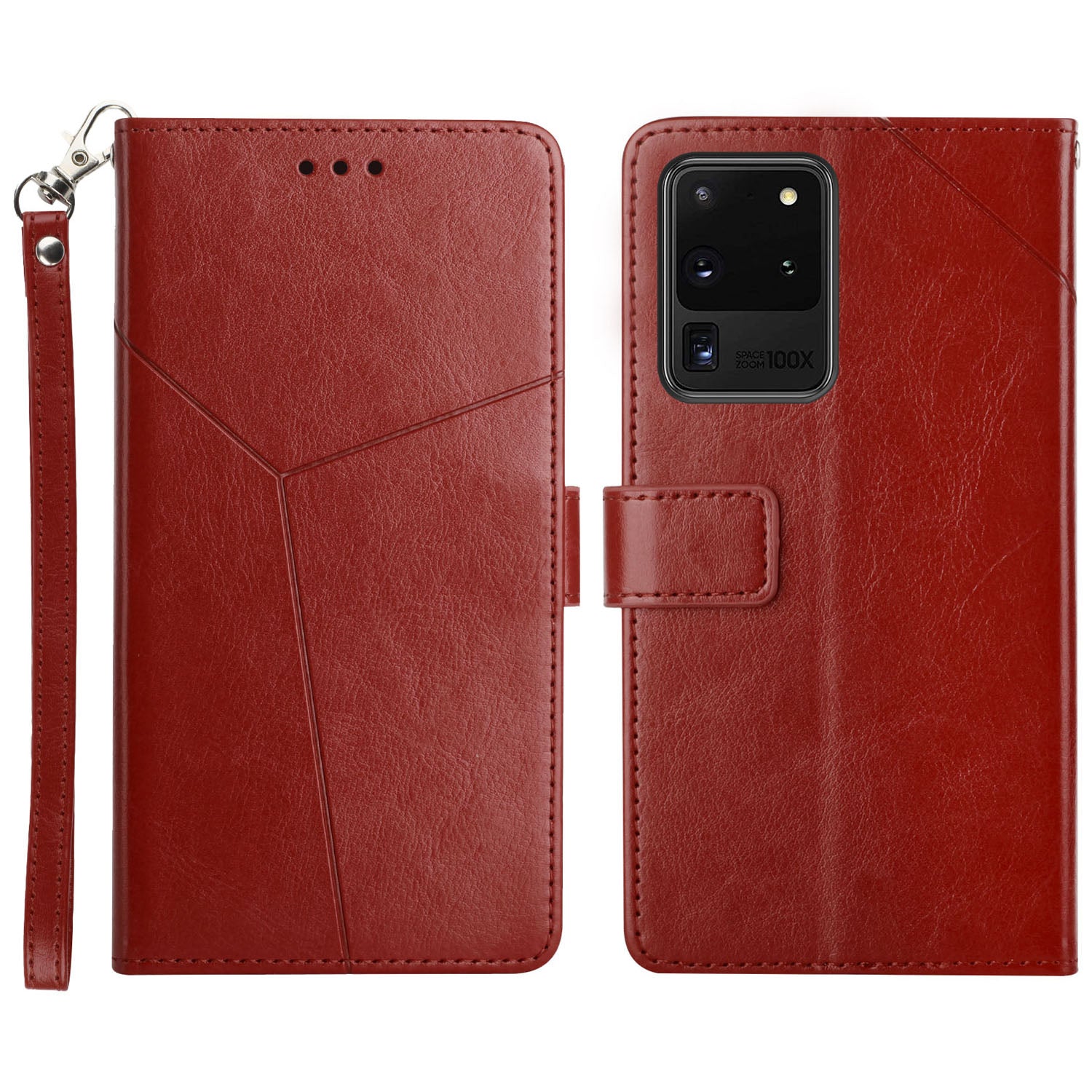 Imprinting Y-shaped Line Leather Wallet Stand Phone Cover with Wrist Strap for Samsung Galaxy S20 Ultra - Wine Red