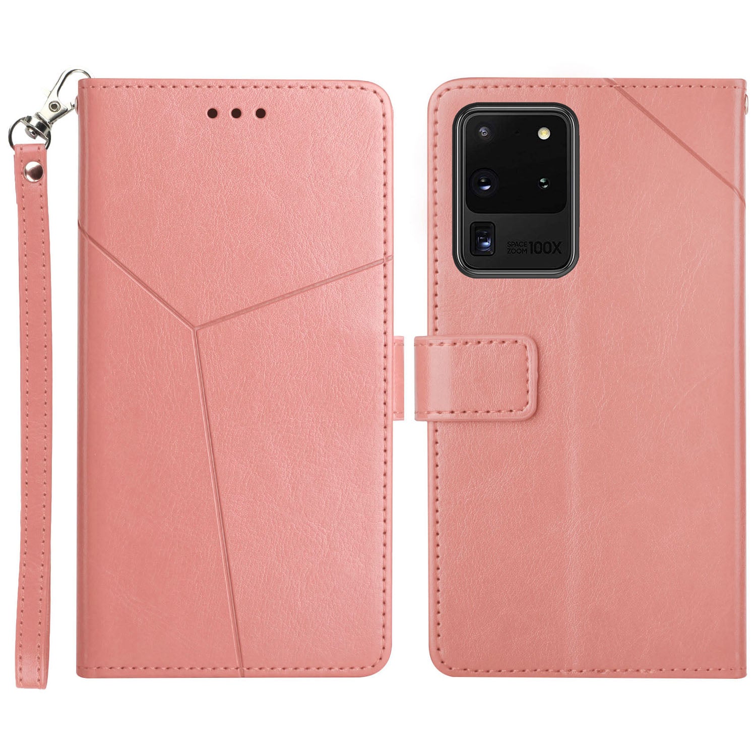 Imprinting Y-shaped Line Leather Wallet Stand Phone Cover with Wrist Strap for Samsung Galaxy S20 Ultra - Pink