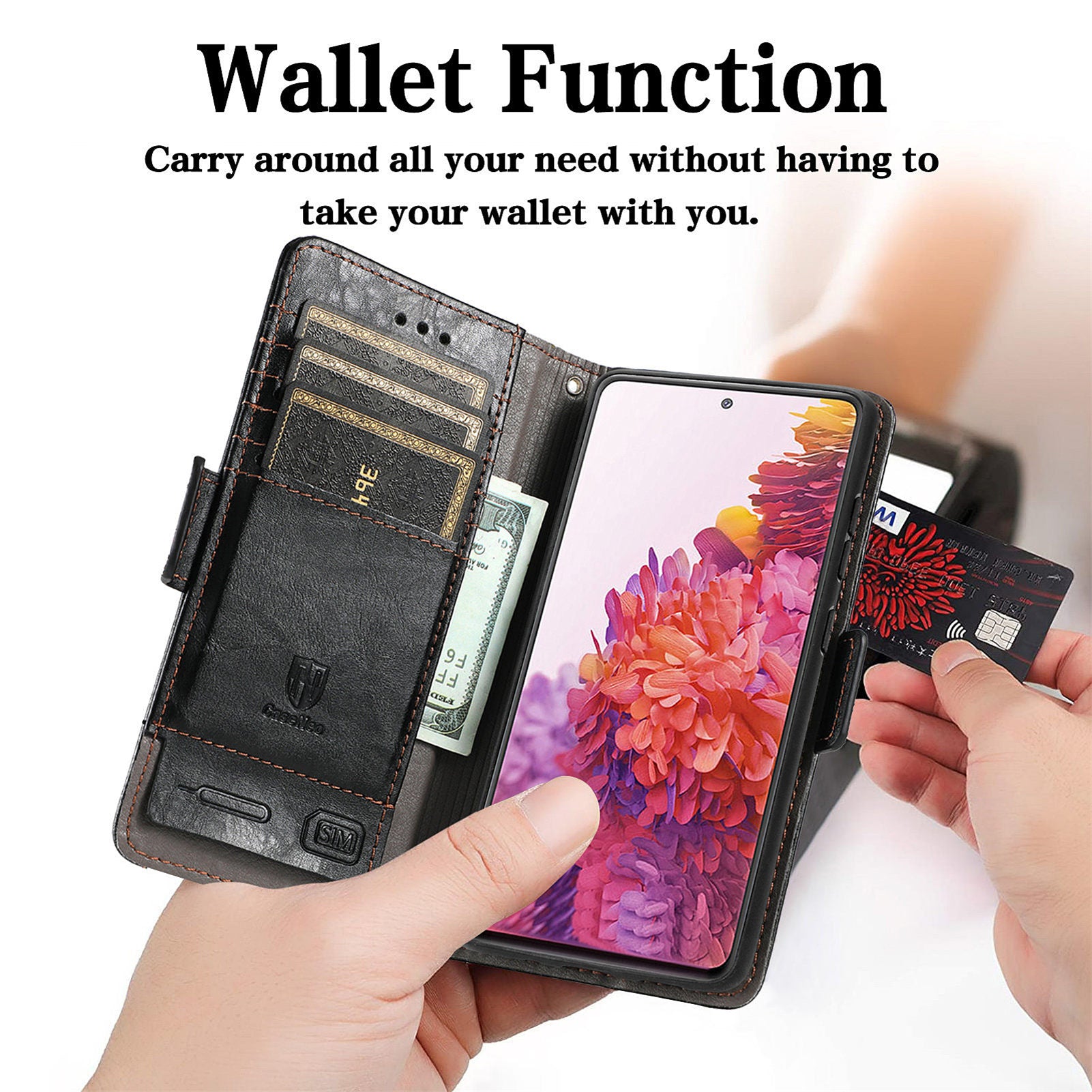 CASENEO 002 Series Scratch-Resistant Anti-Drop Business Style Splicing PU Leather Stand Wallet Case for Samsung Galaxy S20 FE/S20 FE 5G/S20 Lite/S20 FE 2022 - Black