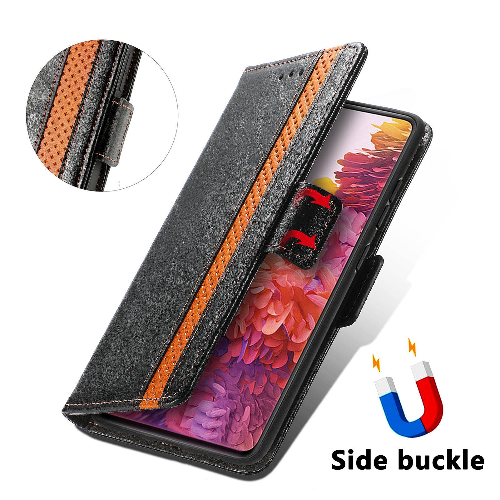 CASENEO 002 Series Scratch-Resistant Anti-Drop Business Style Splicing PU Leather Stand Wallet Case for Samsung Galaxy S20 FE/S20 FE 5G/S20 Lite/S20 FE 2022 - Black