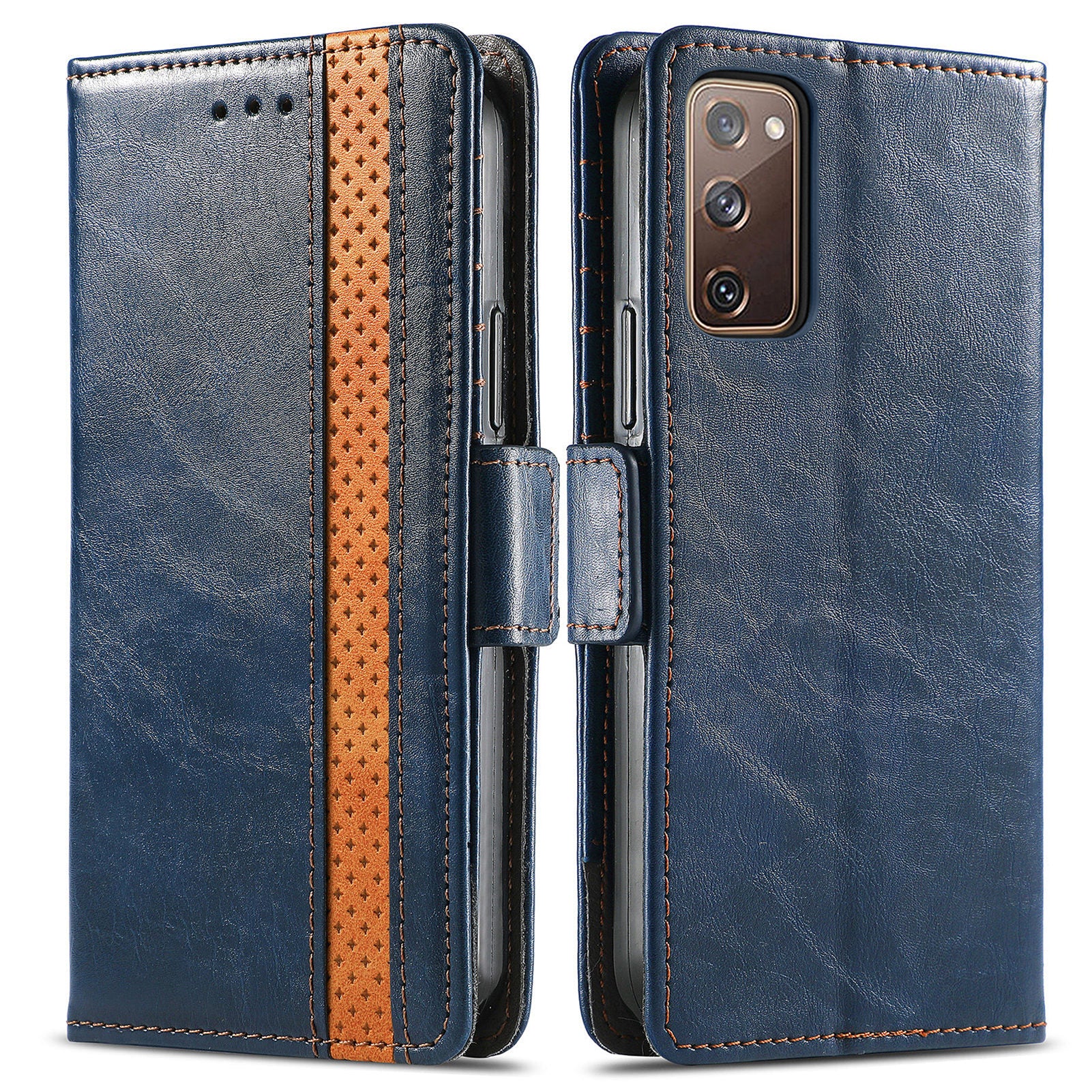 CASENEO 002 Series Scratch-Resistant Anti-Drop Business Style Splicing PU Leather Stand Wallet Case for Samsung Galaxy S20 FE/S20 FE 5G/S20 Lite/S20 FE 2022 - Dark Blue