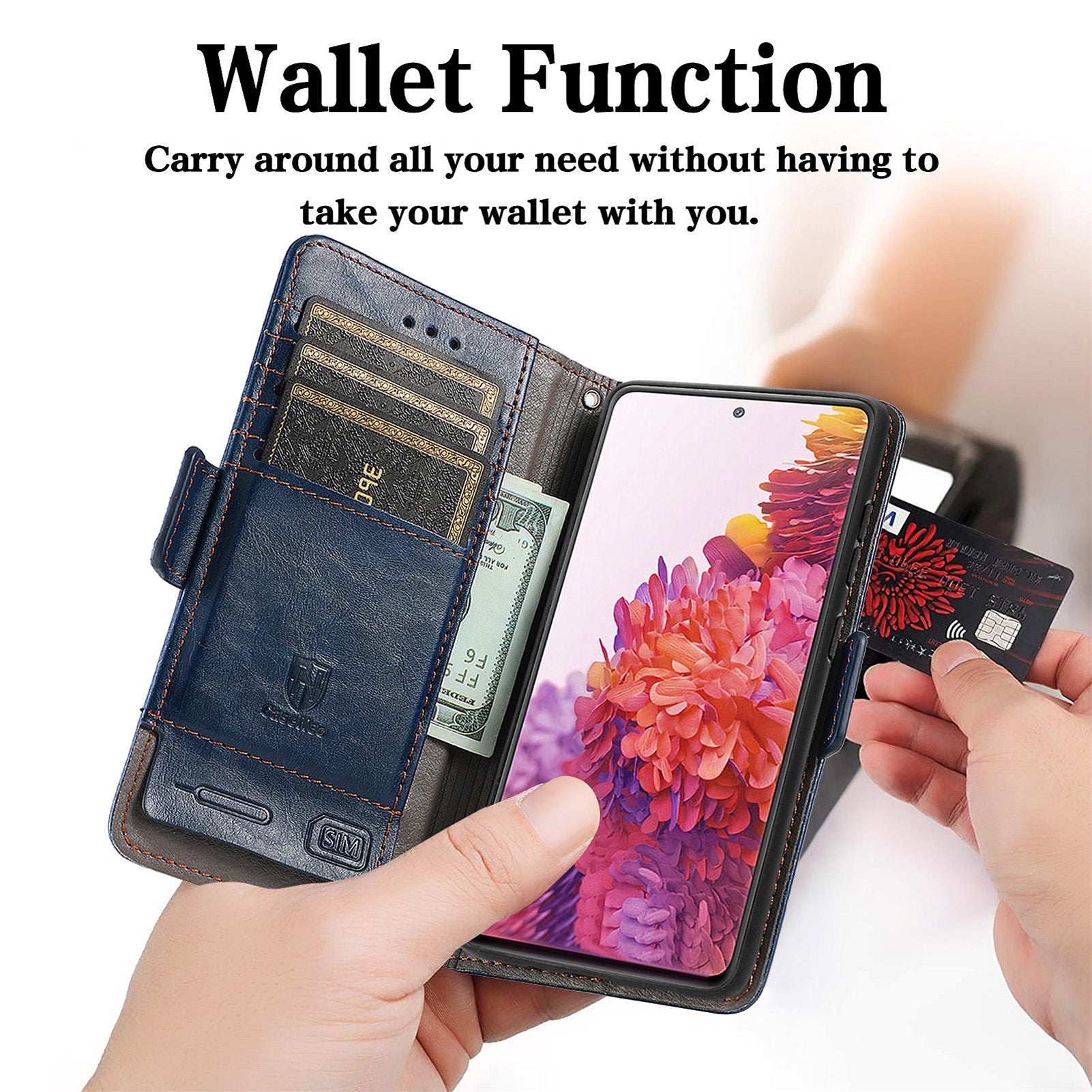 CASENEO 002 Series Scratch-Resistant Anti-Drop Business Style Splicing PU Leather Stand Wallet Case for Samsung Galaxy S20 FE/S20 FE 5G/S20 Lite/S20 FE 2022 - Dark Blue