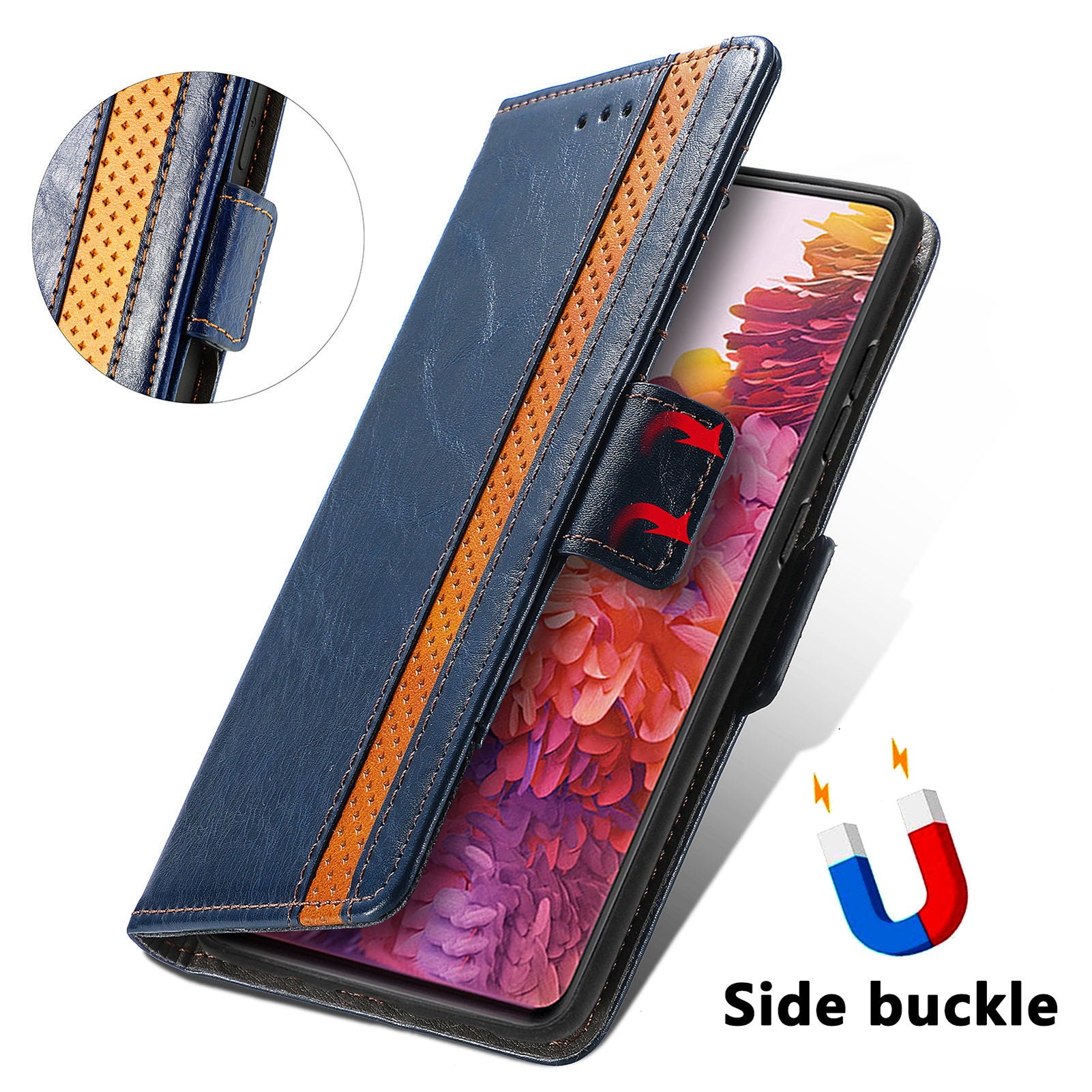 CASENEO 002 Series Scratch-Resistant Anti-Drop Business Style Splicing PU Leather Stand Wallet Case for Samsung Galaxy S20 FE/S20 FE 5G/S20 Lite/S20 FE 2022 - Dark Blue