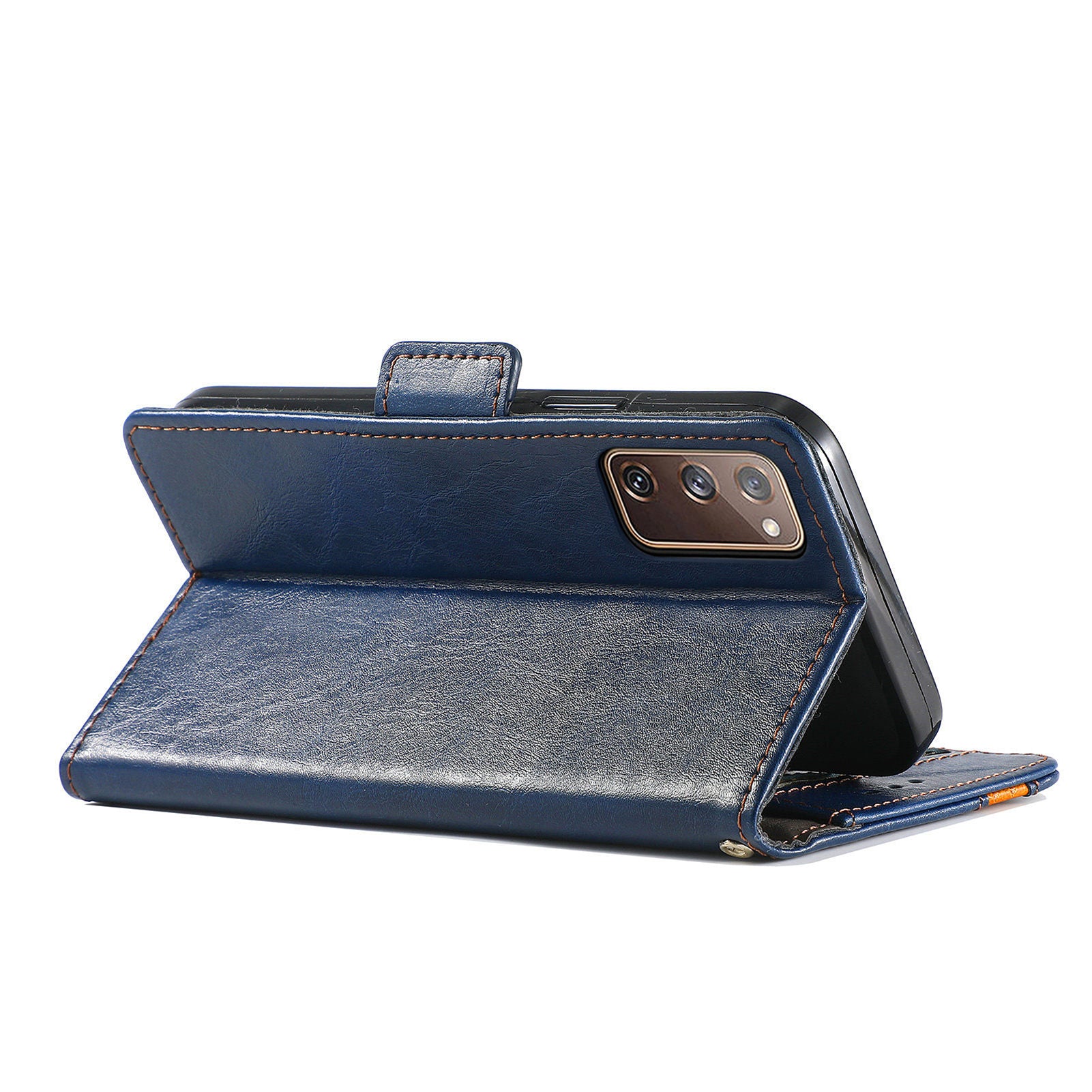 CASENEO 002 Series Scratch-Resistant Anti-Drop Business Style Splicing PU Leather Stand Wallet Case for Samsung Galaxy S20 FE/S20 FE 5G/S20 Lite/S20 FE 2022 - Dark Blue