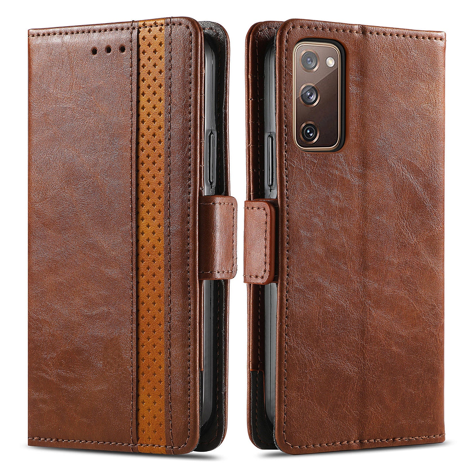 CASENEO 002 Series Scratch-Resistant Anti-Drop Business Style Splicing PU Leather Stand Wallet Case for Samsung Galaxy S20 FE/S20 FE 5G/S20 Lite/S20 FE 2022 - Dark Brown