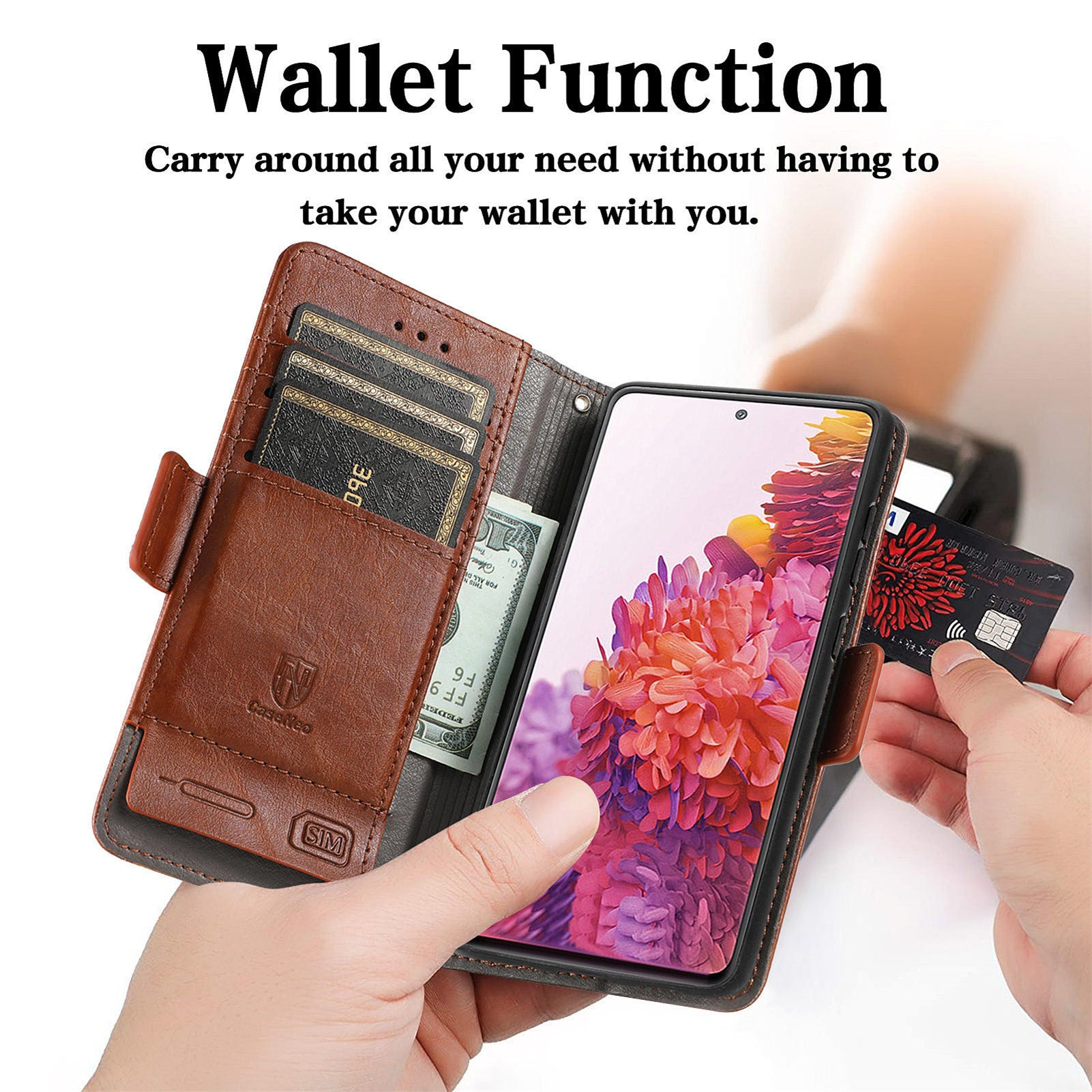 CASENEO 002 Series Scratch-Resistant Anti-Drop Business Style Splicing PU Leather Stand Wallet Case for Samsung Galaxy S20 FE/S20 FE 5G/S20 Lite/S20 FE 2022 - Dark Brown