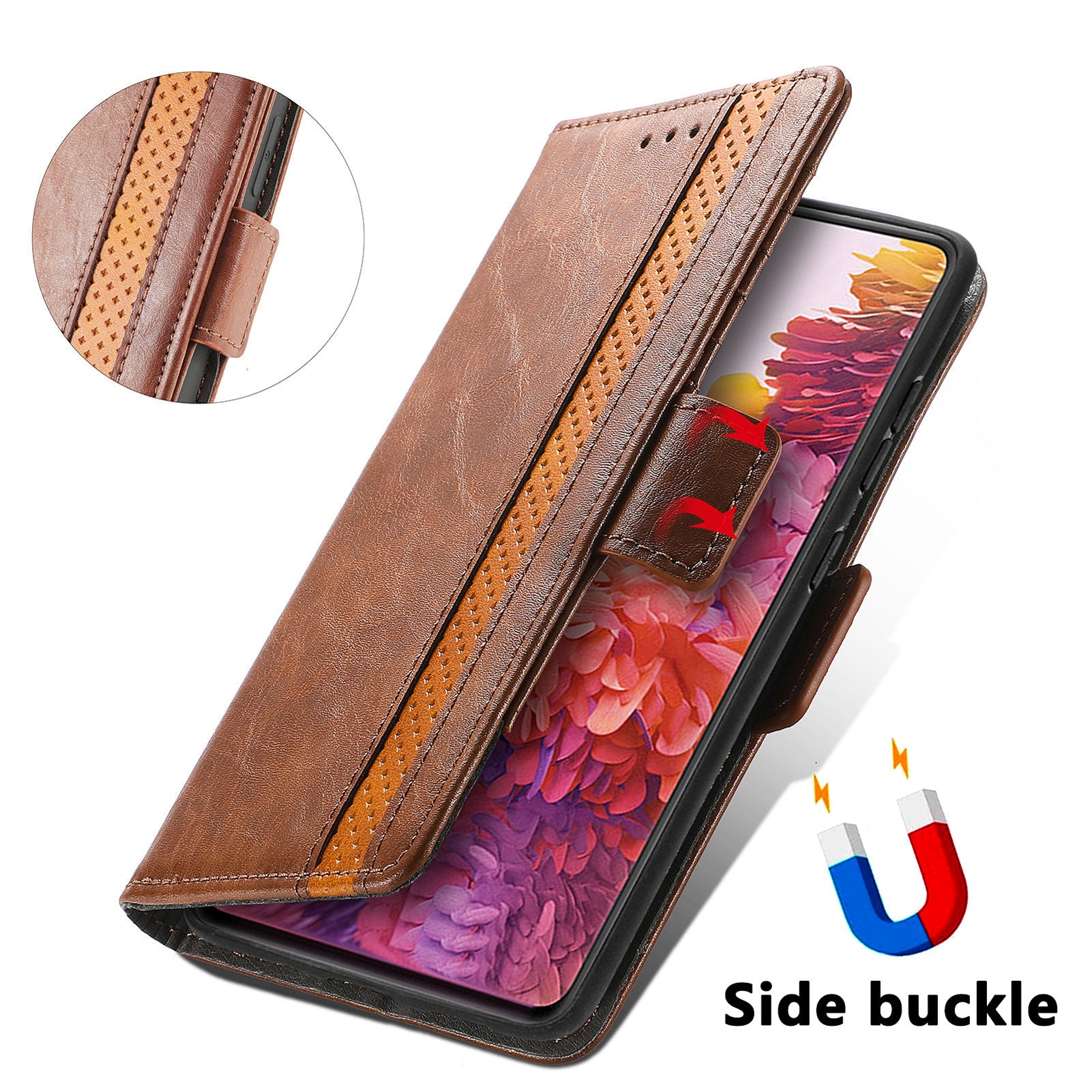 CASENEO 002 Series Scratch-Resistant Anti-Drop Business Style Splicing PU Leather Stand Wallet Case for Samsung Galaxy S20 FE/S20 FE 5G/S20 Lite/S20 FE 2022 - Dark Brown