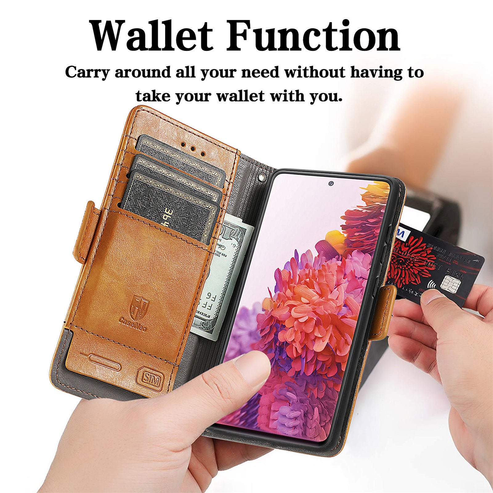 CASENEO 002 Series Scratch-Resistant Anti-Drop Business Style Splicing PU Leather Stand Wallet Case for Samsung Galaxy S20 FE/S20 FE 5G/S20 Lite/S20 FE 2022 - Light Brown