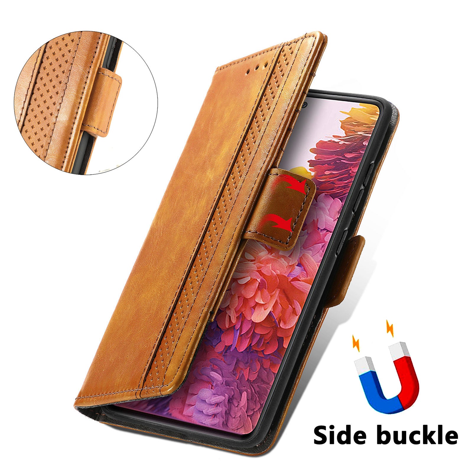 CASENEO 002 Series Scratch-Resistant Anti-Drop Business Style Splicing PU Leather Stand Wallet Case for Samsung Galaxy S20 FE/S20 FE 5G/S20 Lite/S20 FE 2022 - Light Brown