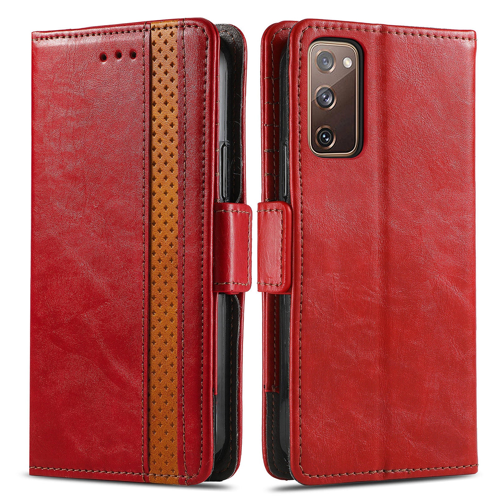 CASENEO 002 Series Scratch-Resistant Anti-Drop Business Style Splicing PU Leather Stand Wallet Case for Samsung Galaxy S20 FE/S20 FE 5G/S20 Lite/S20 FE 2022 - Red