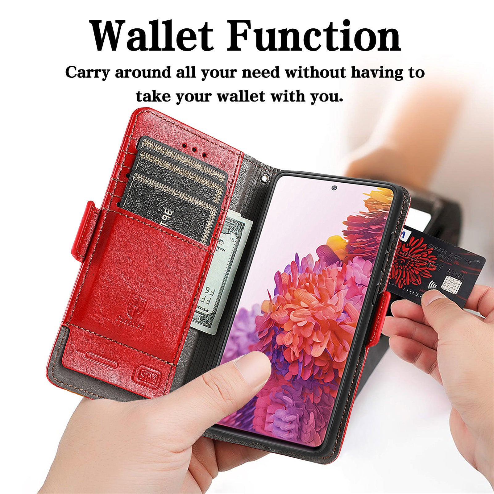 CASENEO 002 Series Scratch-Resistant Anti-Drop Business Style Splicing PU Leather Stand Wallet Case for Samsung Galaxy S20 FE/S20 FE 5G/S20 Lite/S20 FE 2022 - Red