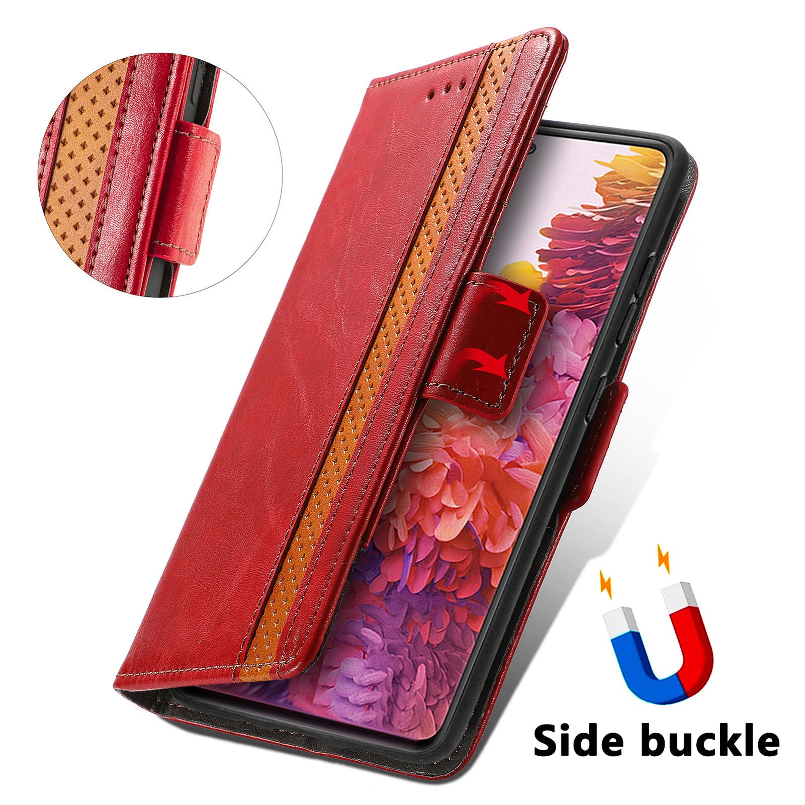 CASENEO 002 Series Scratch-Resistant Anti-Drop Business Style Splicing PU Leather Stand Wallet Case for Samsung Galaxy S20 FE/S20 FE 5G/S20 Lite/S20 FE 2022 - Red