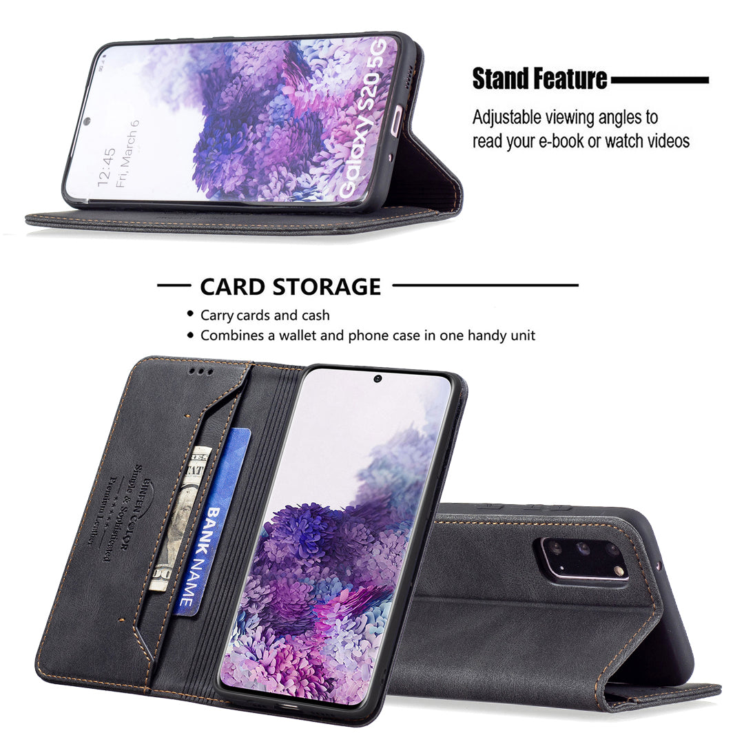 BINFEN COLOR BF08 PU Leather RFID Blocking Magnetic Auto Closing Phone Case Cover with Stand Wallet for Samsung Galaxy S20 4G/S20 5G - Black