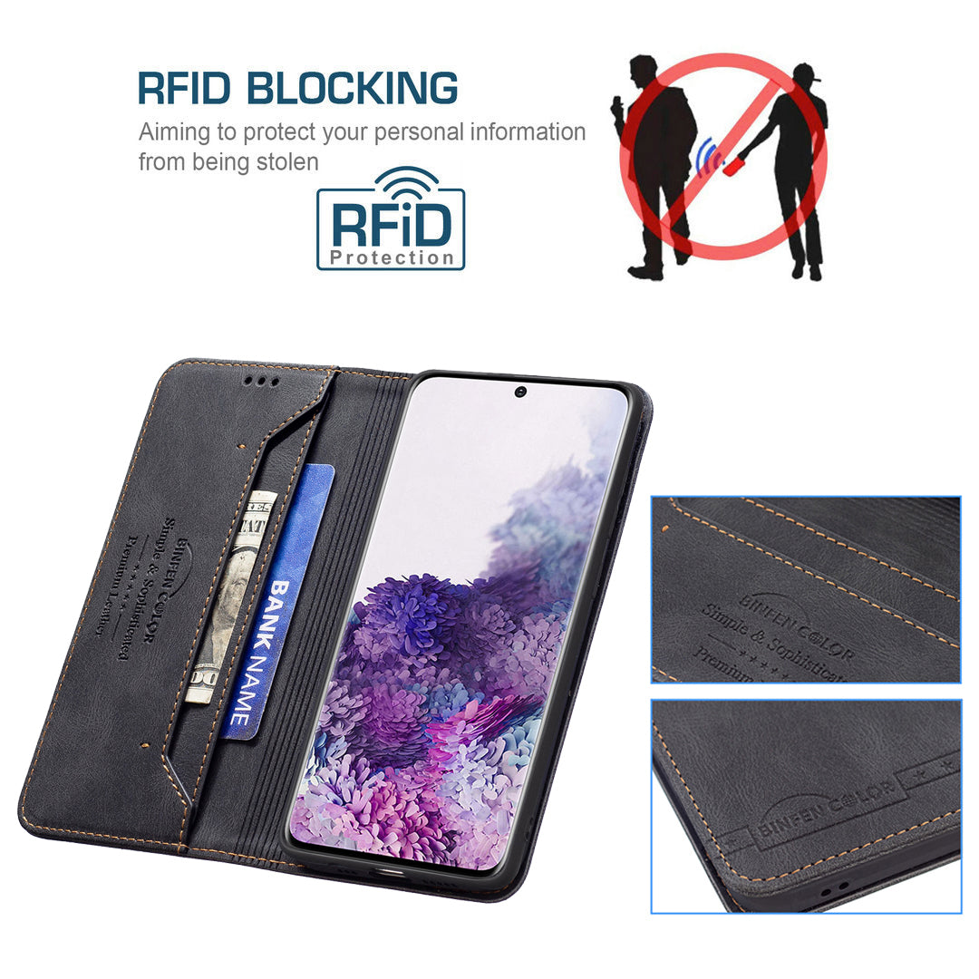 BINFEN COLOR BF08 PU Leather RFID Blocking Magnetic Auto Closing Phone Case Cover with Stand Wallet for Samsung Galaxy S20 4G/S20 5G - Black