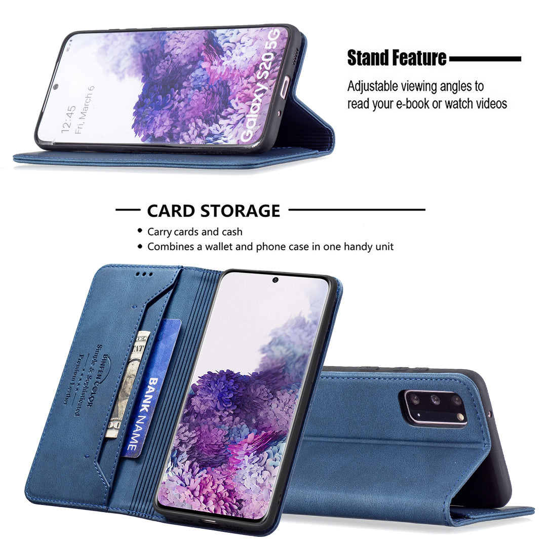 BINFEN COLOR BF08 PU Leather RFID Blocking Magnetic Auto Closing Phone Case Cover with Stand Wallet for Samsung Galaxy S20 4G/S20 5G - Blue