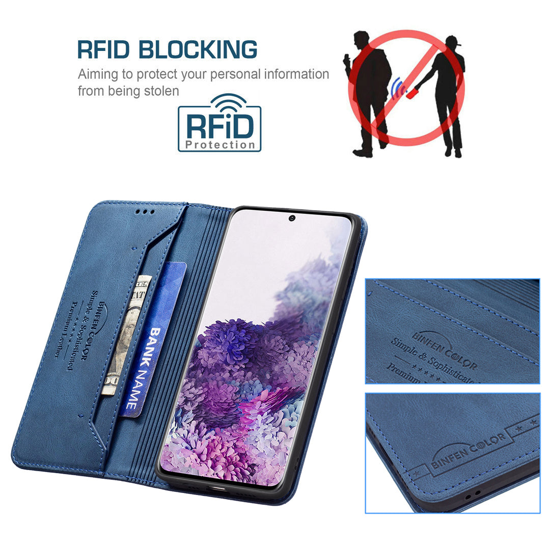 BINFEN COLOR BF08 PU Leather RFID Blocking Magnetic Auto Closing Phone Case Cover with Stand Wallet for Samsung Galaxy S20 4G/S20 5G - Blue