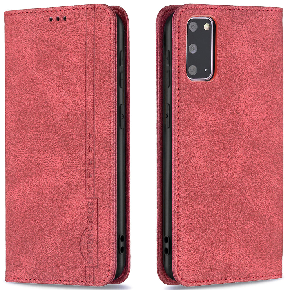 BINFEN COLOR BF08 PU Leather RFID Blocking Magnetic Auto Closing Phone Case Cover with Stand Wallet for Samsung Galaxy S20 4G/S20 5G - Red