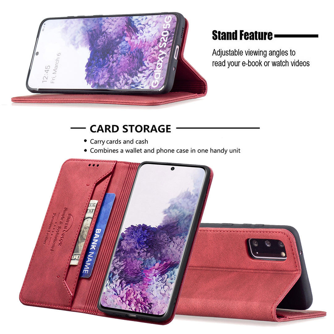 BINFEN COLOR BF08 PU Leather RFID Blocking Magnetic Auto Closing Phone Case Cover with Stand Wallet for Samsung Galaxy S20 4G/S20 5G - Red