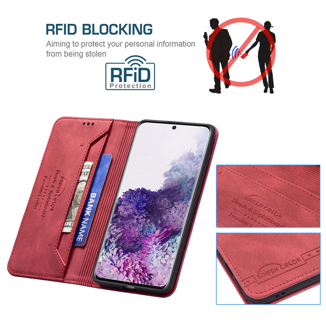 BINFEN COLOR BF08 PU Leather RFID Blocking Magnetic Auto Closing Phone Case Cover with Stand Wallet for Samsung Galaxy S20 4G/S20 5G - Red