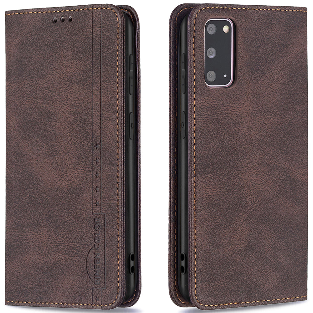 BINFEN COLOR BF08 PU Leather RFID Blocking Magnetic Auto Closing Phone Case Cover with Stand Wallet for Samsung Galaxy S20 4G/S20 5G - Brown