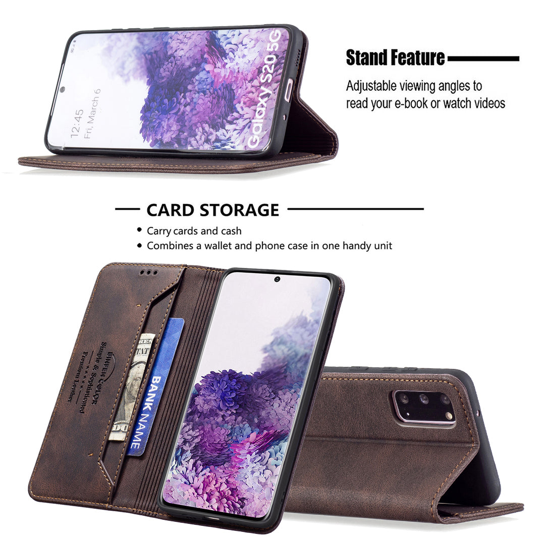 BINFEN COLOR BF08 PU Leather RFID Blocking Magnetic Auto Closing Phone Case Cover with Stand Wallet for Samsung Galaxy S20 4G/S20 5G - Brown