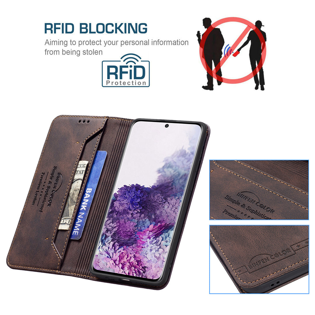 BINFEN COLOR BF08 PU Leather RFID Blocking Magnetic Auto Closing Phone Case Cover with Stand Wallet for Samsung Galaxy S20 4G/S20 5G - Brown