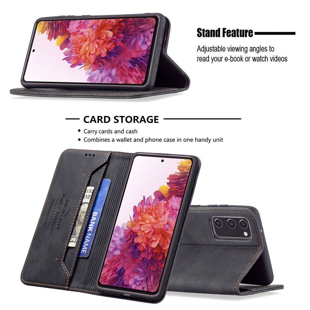 BINFEN COLOR BF08 RFID Blocking Magnetic Closure Shockproof Leather Phone Case Wallet Stand Cover for Samsung Galaxy S20 FE/S20 FE 5G/S20 Lite/S20 FE 2022 - Black