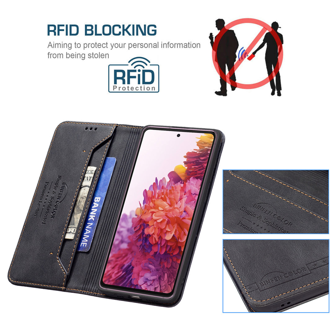 BINFEN COLOR BF08 RFID Blocking Magnetic Closure Shockproof Leather Phone Case Wallet Stand Cover for Samsung Galaxy S20 FE/S20 FE 5G/S20 Lite/S20 FE 2022 - Black