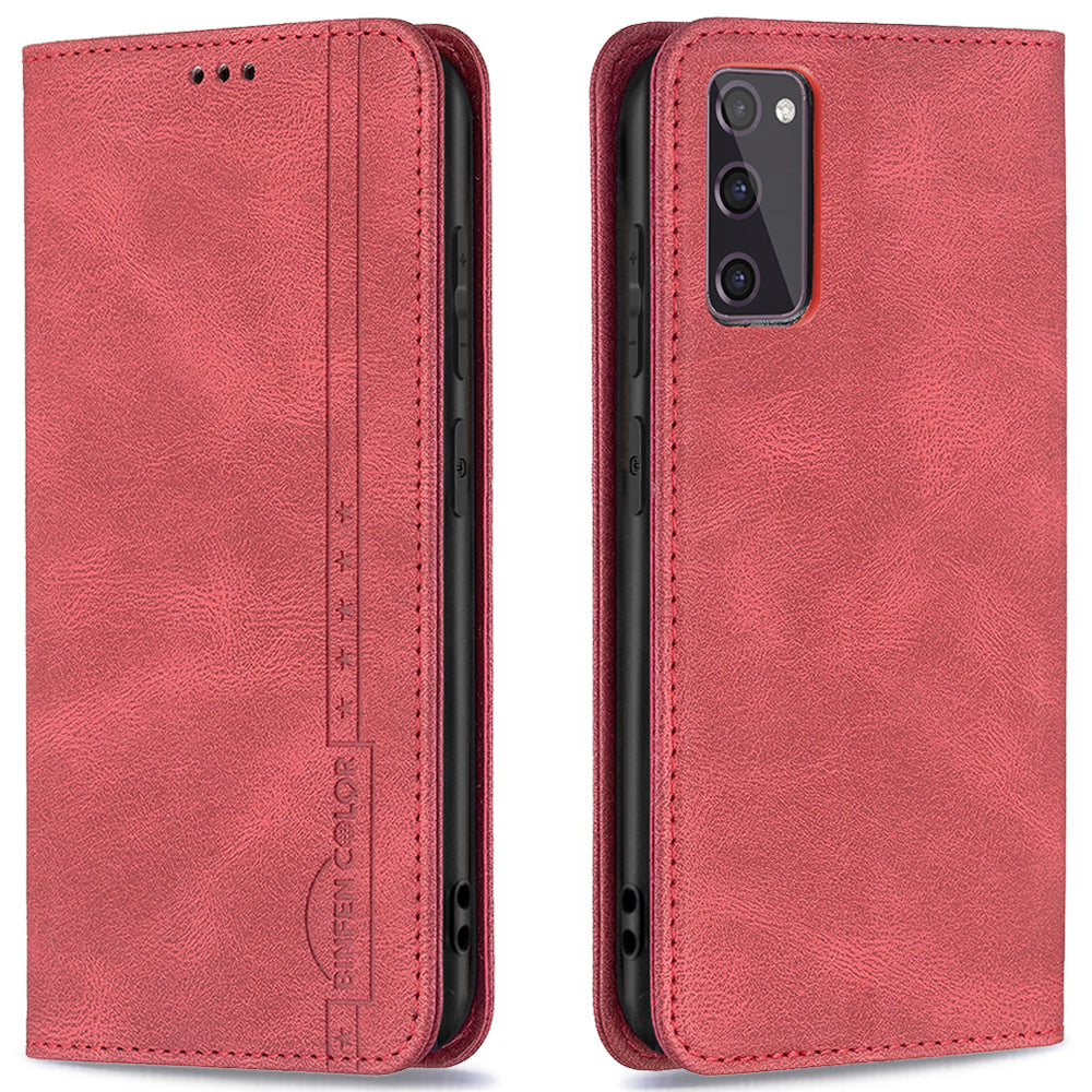 BINFEN COLOR BF08 RFID Blocking Magnetic Closure Shockproof Leather Phone Case Wallet Stand Cover for Samsung Galaxy S20 FE/S20 FE 5G/S20 Lite/S20 FE 2022 - Red