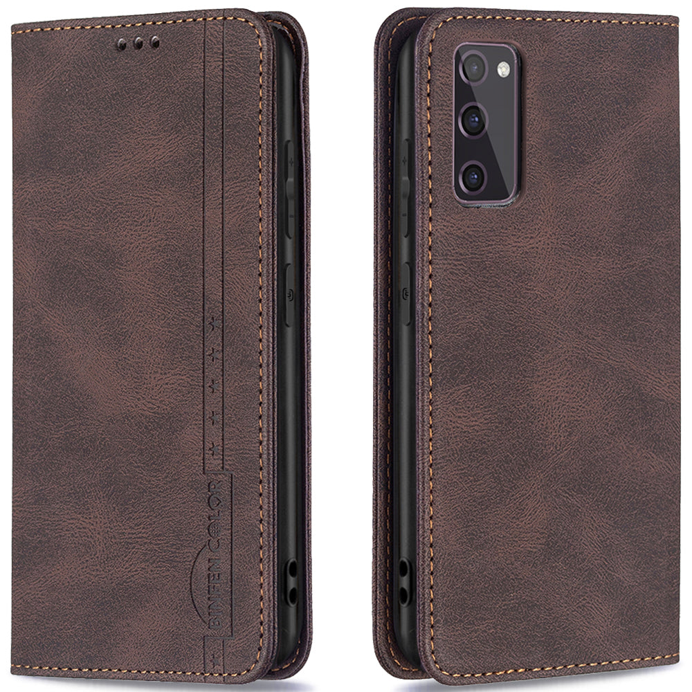 BINFEN COLOR BF08 RFID Blocking Magnetic Closure Shockproof Leather Phone Case Wallet Stand Cover for Samsung Galaxy S20 FE/S20 FE 5G/S20 Lite/S20 FE 2022 - Brown