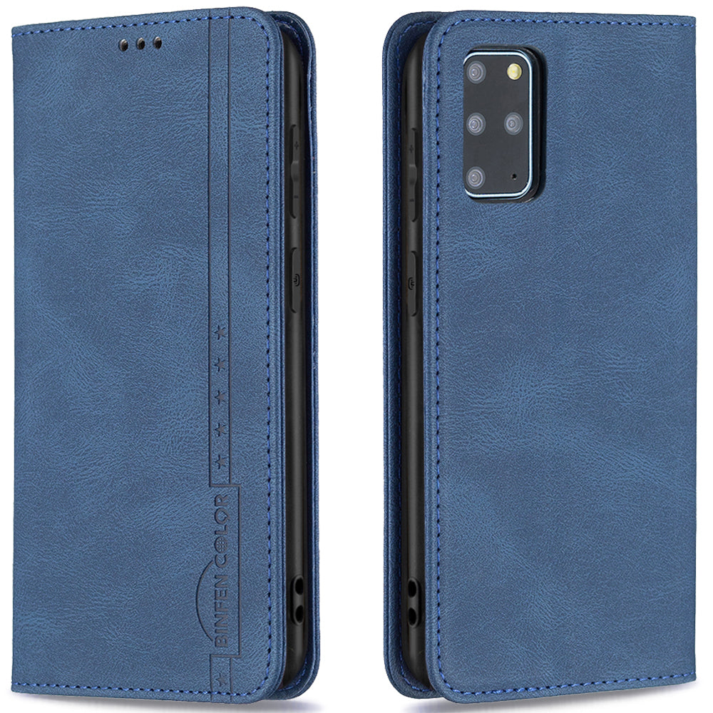 BINFEN COLOR Scratch Resistant Anti-swiping Design PU Leather Phone Case Stand Cover for Samsung Galaxy S20 Plus - Blue