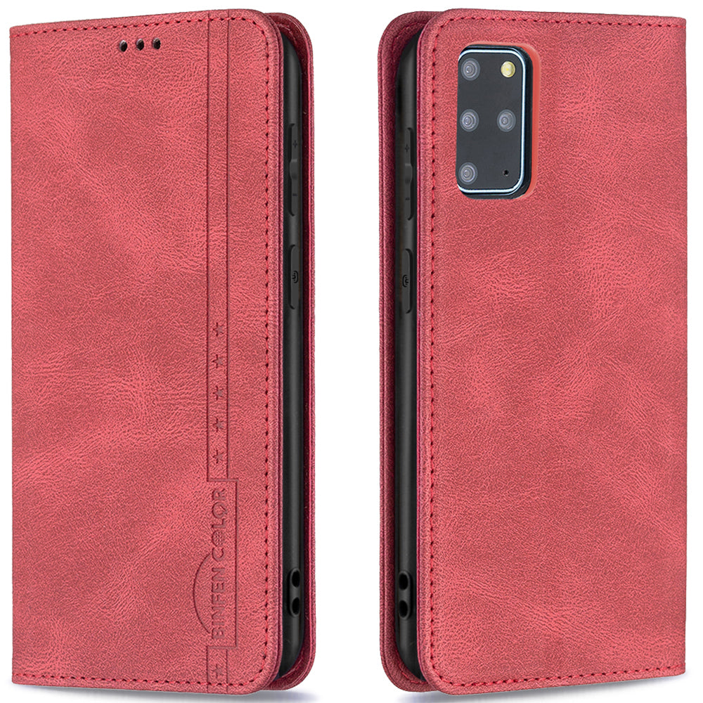 BINFEN COLOR Scratch Resistant Anti-swiping Design PU Leather Phone Case Stand Cover for Samsung Galaxy S20 Plus - Red