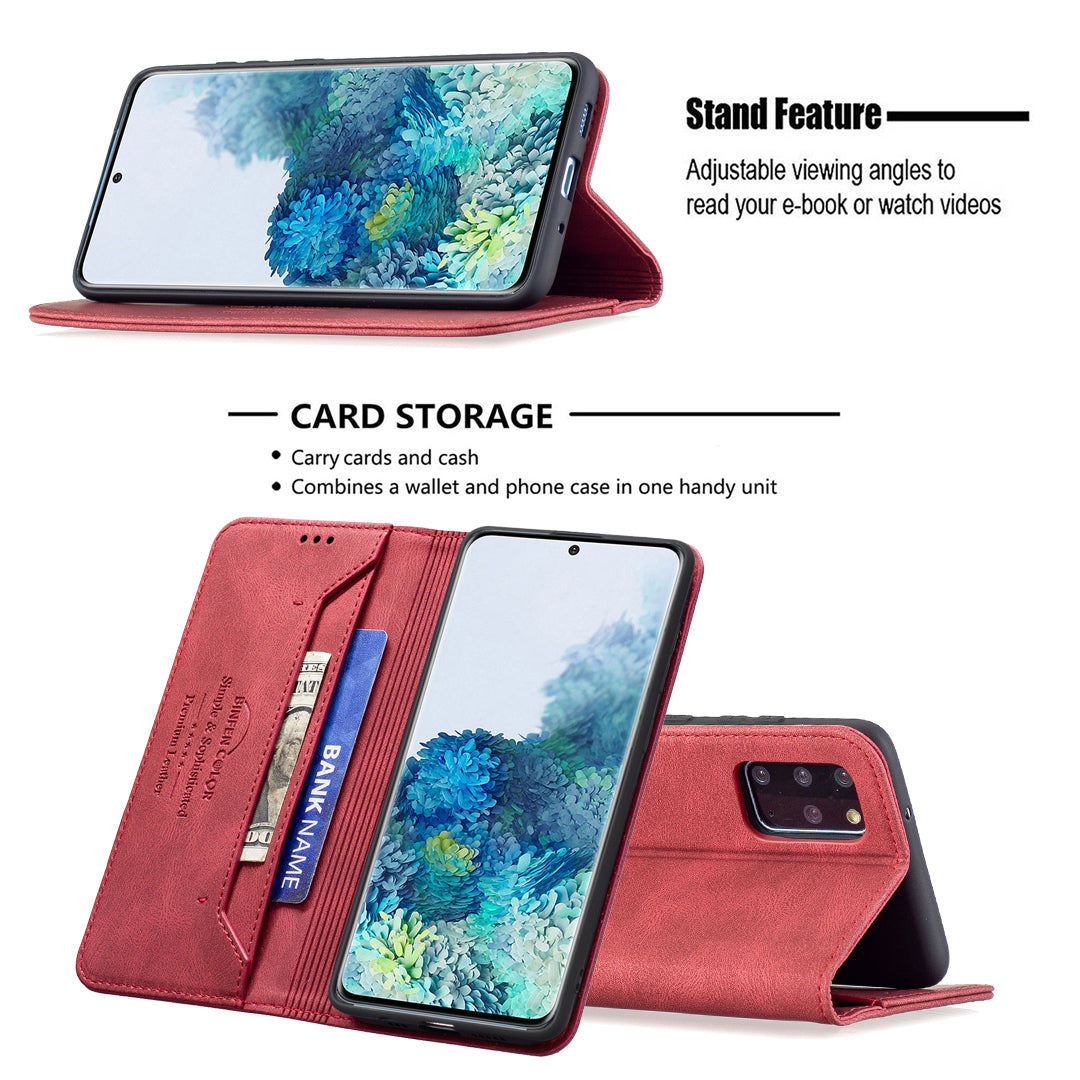 BINFEN COLOR Scratch Resistant Anti-swiping Design PU Leather Phone Case Stand Cover for Samsung Galaxy S20 Plus - Red