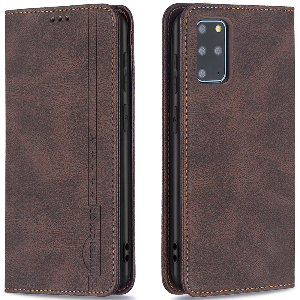 BINFEN COLOR Scratch Resistant Anti-swiping Design PU Leather Phone Case Stand Cover for Samsung Galaxy S20 Plus - Brown