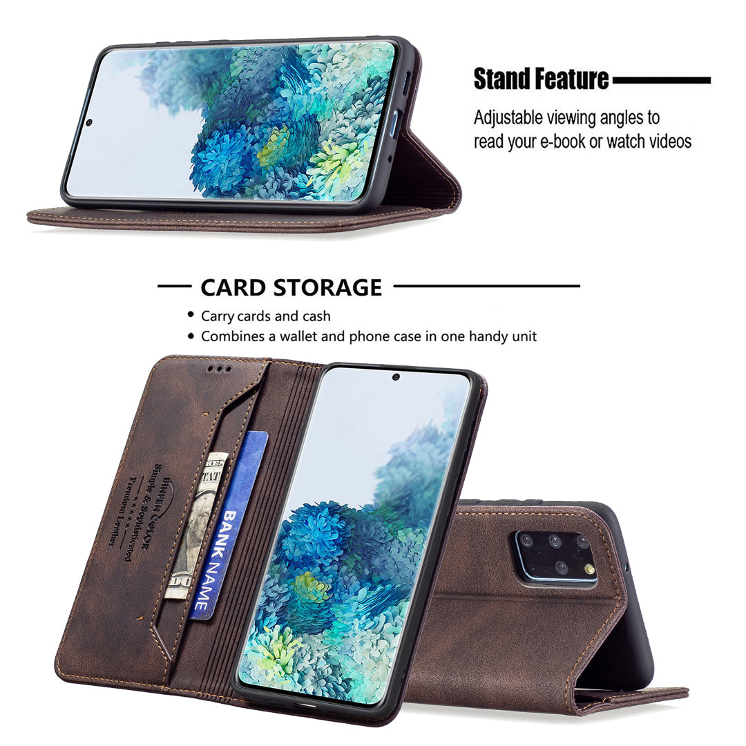 BINFEN COLOR Scratch Resistant Anti-swiping Design PU Leather Phone Case Stand Cover for Samsung Galaxy S20 Plus - Brown